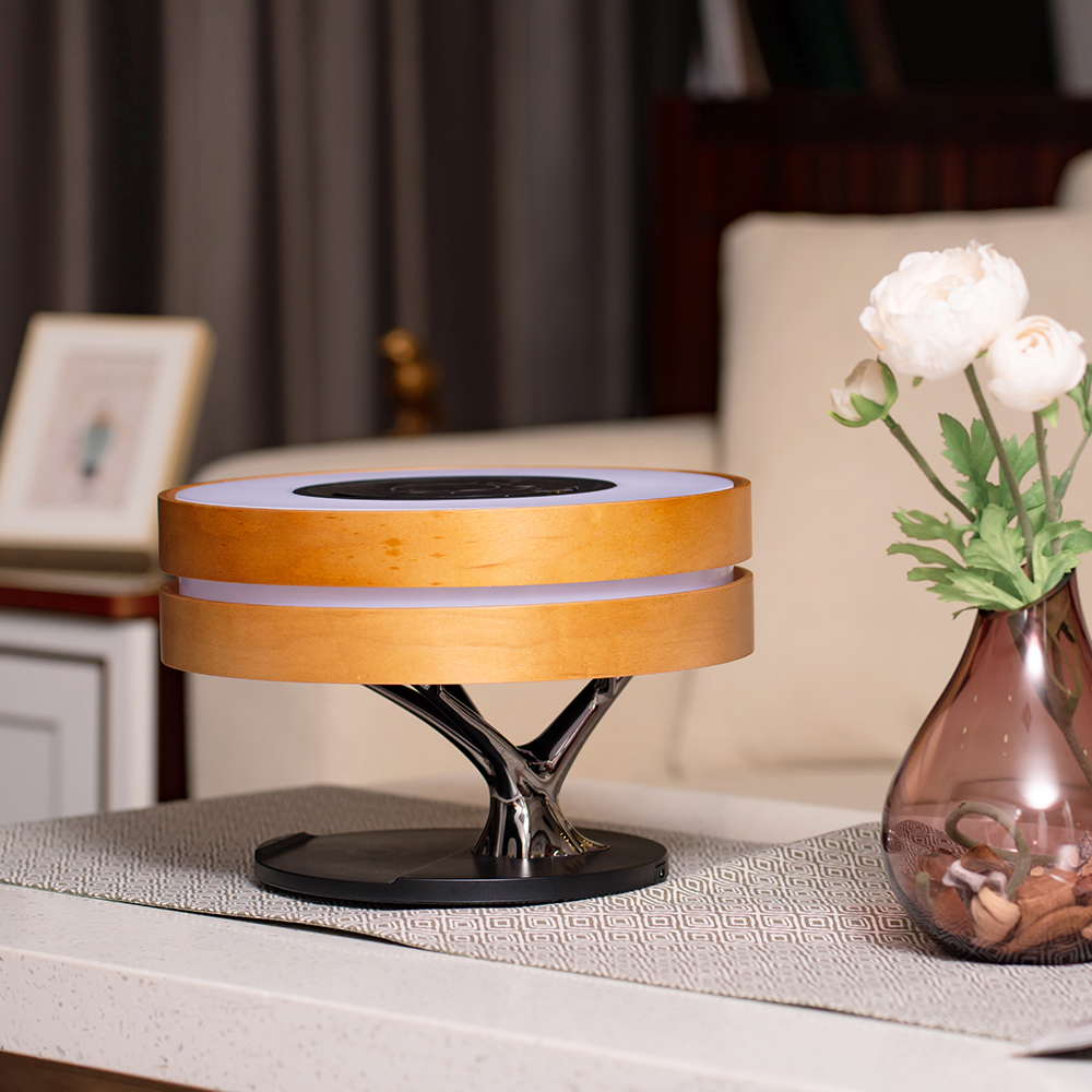 Lampa LED de Birou din Lemn de Cires, cu Incarcator Wireless si Boxa Bluetooth