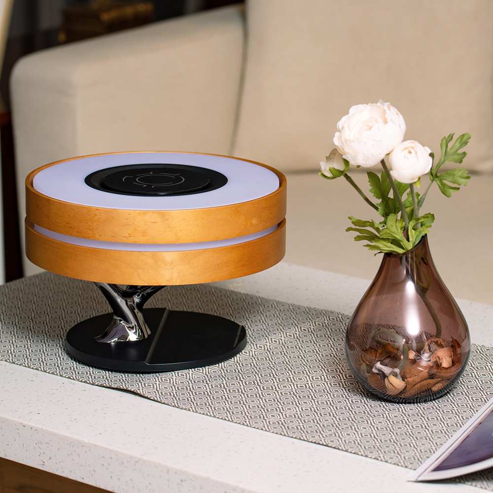 Lampa LED de Birou din Lemn de Cires, cu Incarcator Wireless si Boxa Bluetooth