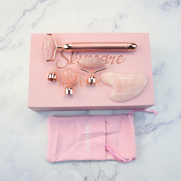 Set cu Dispozitiv Electric cu Vibratii pentru Masaj Facial si Accesorii din Cuart Roz