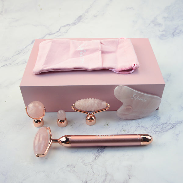 Set cu Dispozitiv Electric cu Vibratii pentru Masaj Facial si Accesorii din Cuart Roz