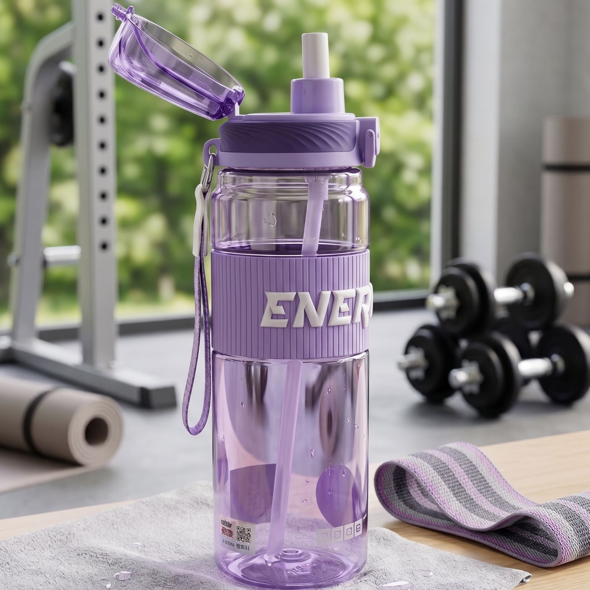 Sticla sport cu pai și capac flip-top, design modern, ergonomic, sistem anti-scurgere, 870ml, mov