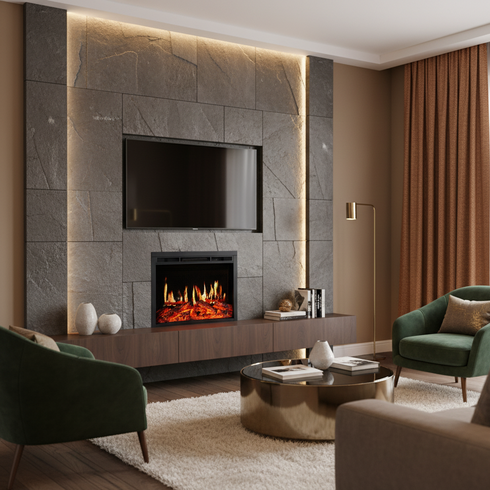 Semineu Electric Incorporabil Premium cu Ecran LCD HD, Flacari Ultra-Realiste, Sunet Autentic si Incalzire