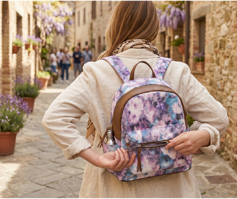 Rucsac Dama din Material Textil si Piele Ecologica, Imprimeu Abstract Flowers