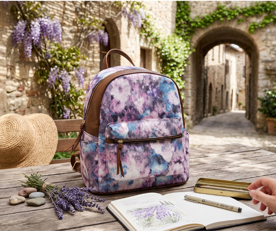 Rucsac Dama din Material Textil si Piele Ecologica, Imprimeu Abstract Flowers