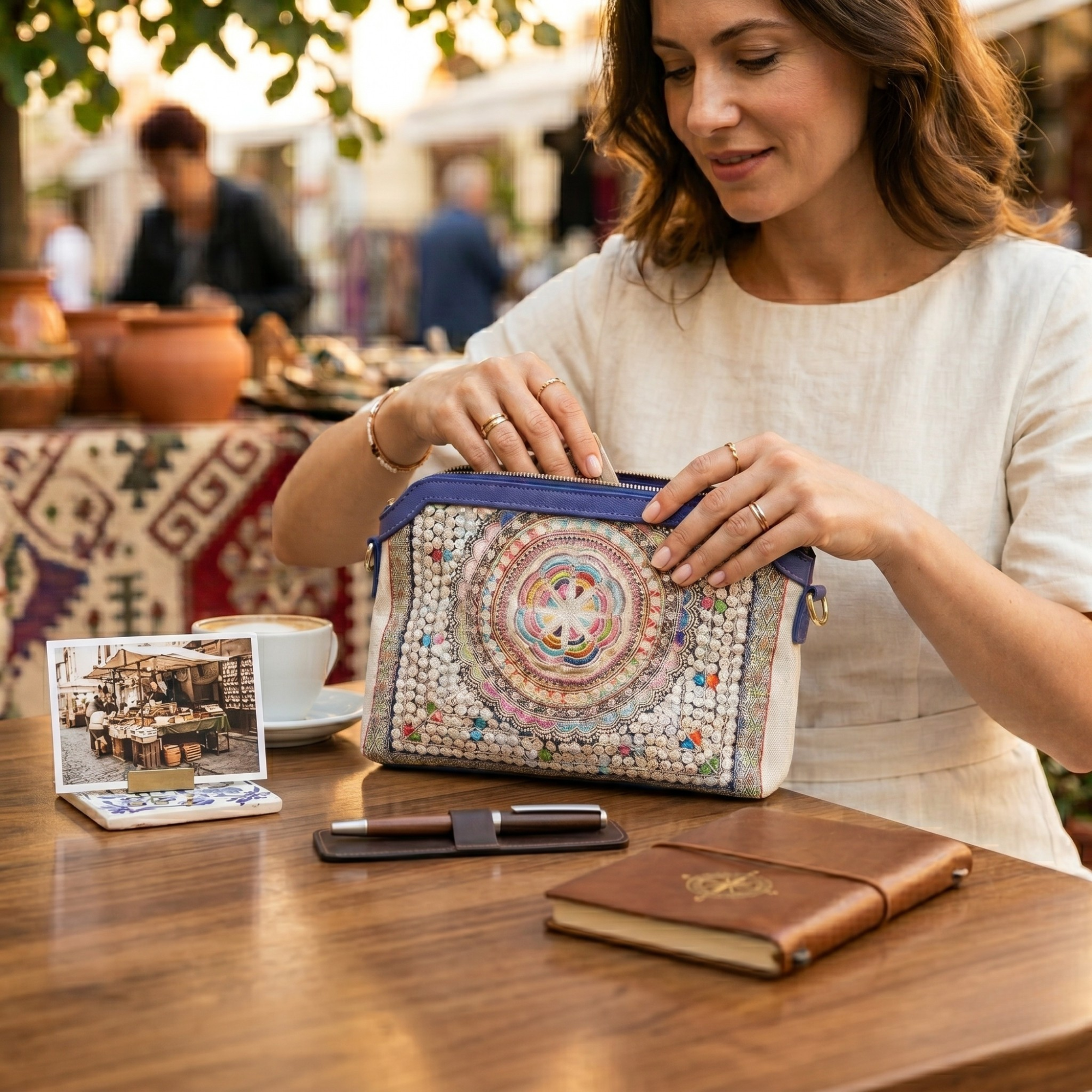 Geanta Dama din Piele Ecologica si Material Textil, Model Oriental