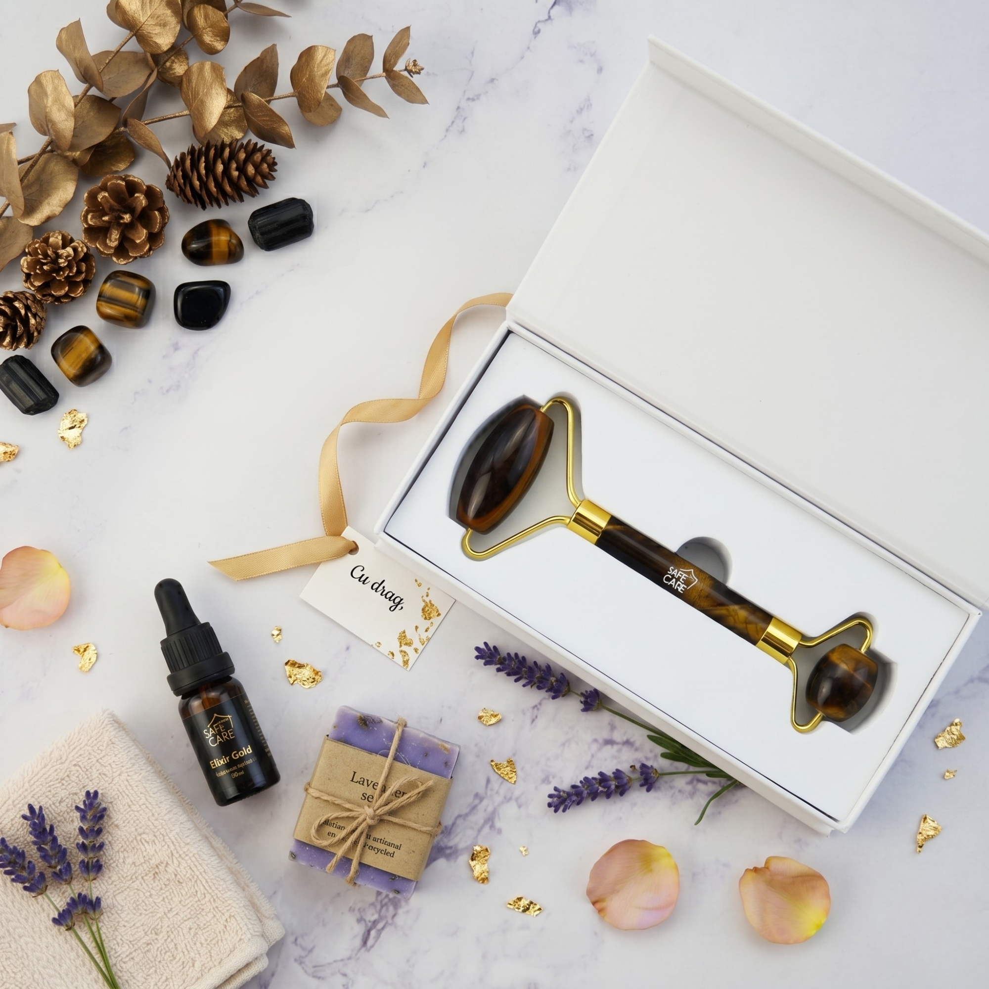 Roller Dublu pentru Masaj Facial din Piatra Naturala Ochi de Tigru