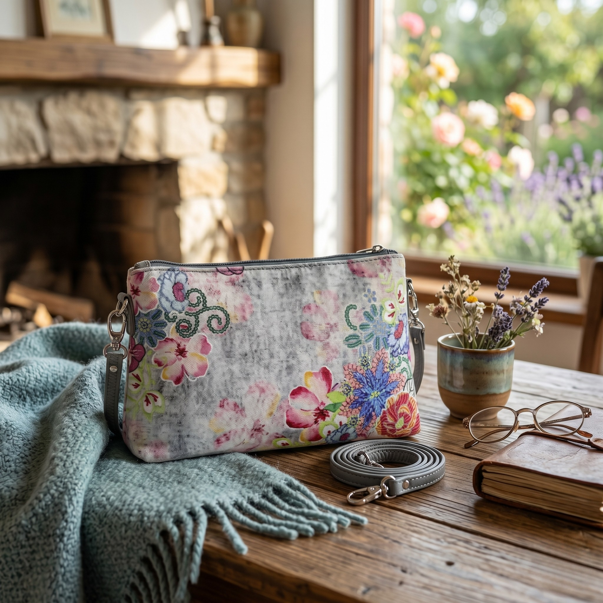 Geanta Dama de Umar/Mana din Piele Ecologica cu Material Textil, Imprimeu Floral