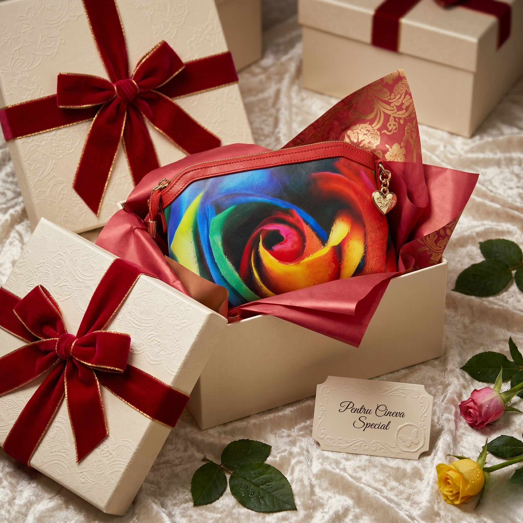 Geanta Dama de Mana/Umar din Piele Ecologica cu Material Textil, Model Rainbow Rose