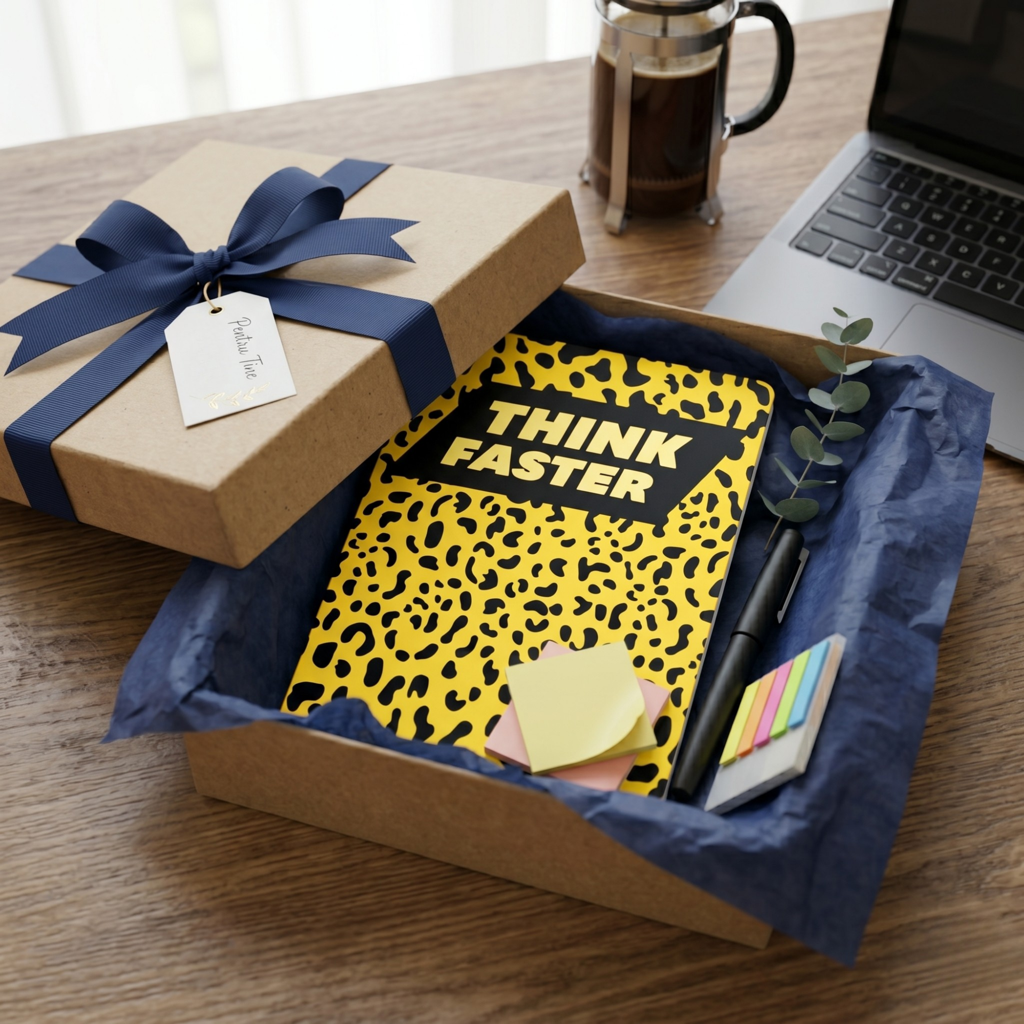 Agenda A5 nedatata cu mesaj Think Faster, motiv Leopard