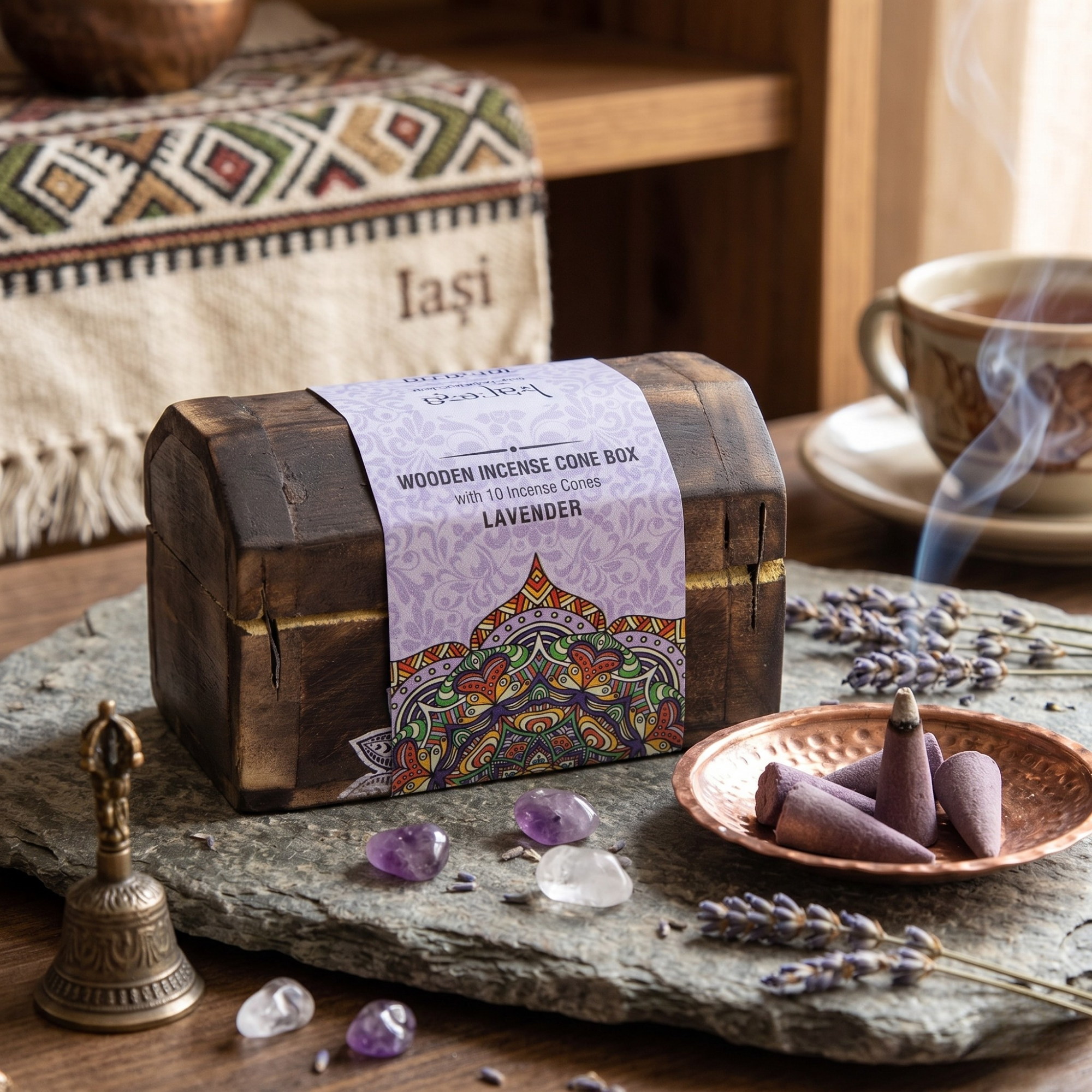 Set Cutie de Lemn cu 10 Conuri Parfumate și Suport, Lavander -  Karma Scents