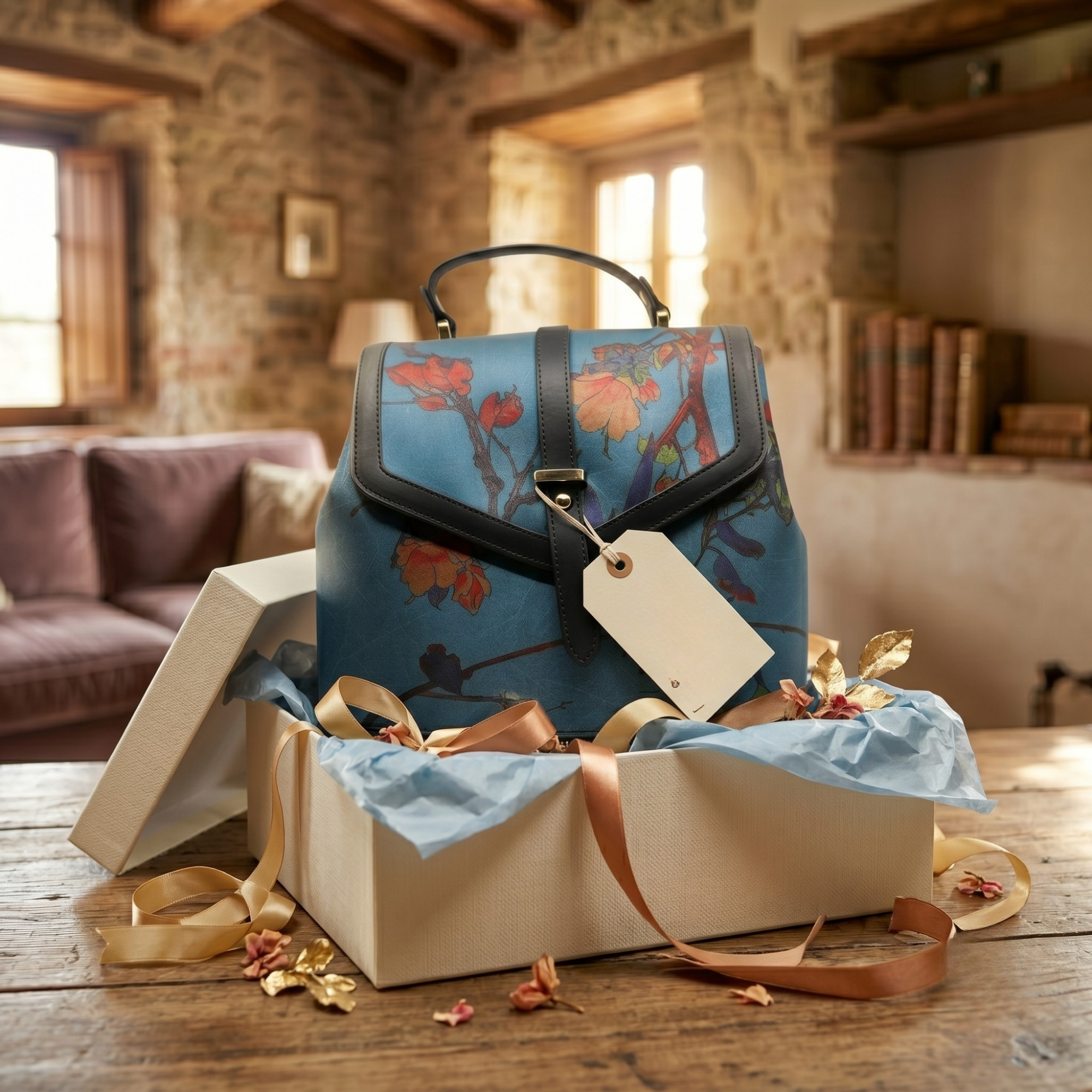 Rucsac din Piele Ecologica cu Matase Naturala, Model Green Tree