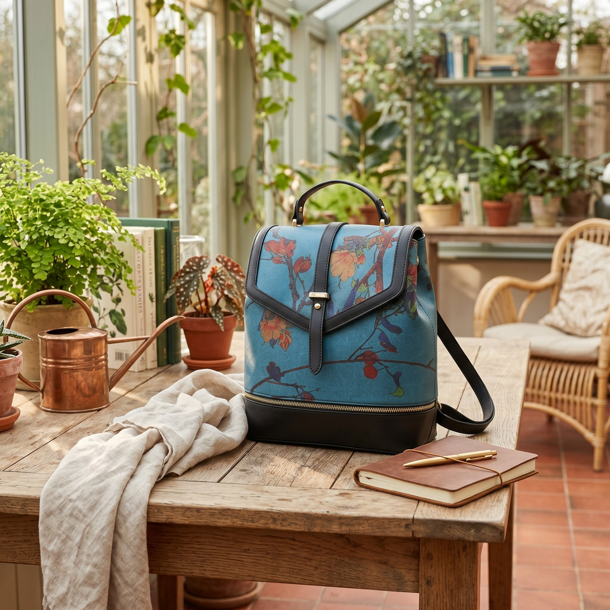 Rucsac din Piele Ecologica cu Matase Naturala, Model Green Tree