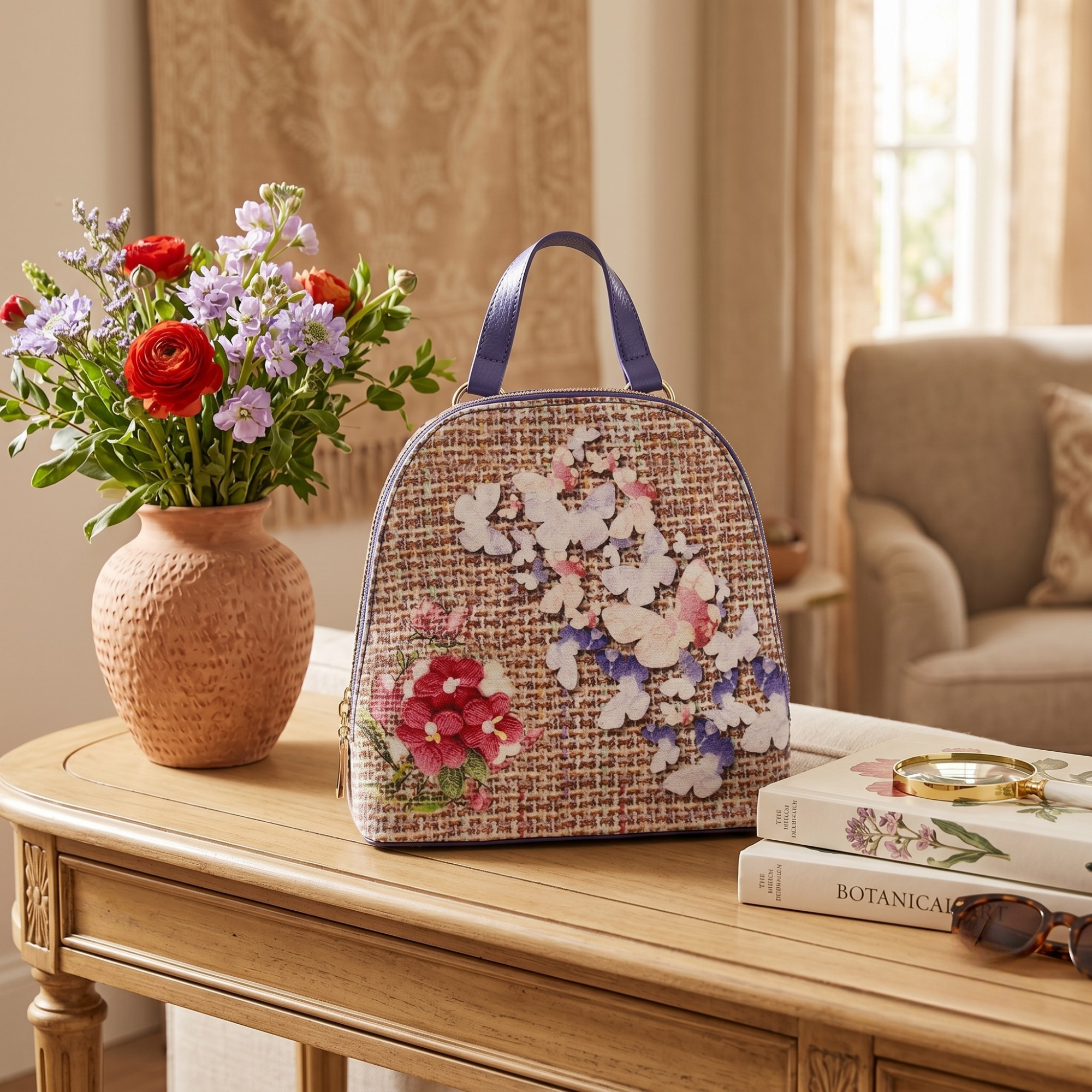 Geanta Dama de mana/umar/rucsac din Piele Ecologica si Material Textil, Imprimeu Flowers