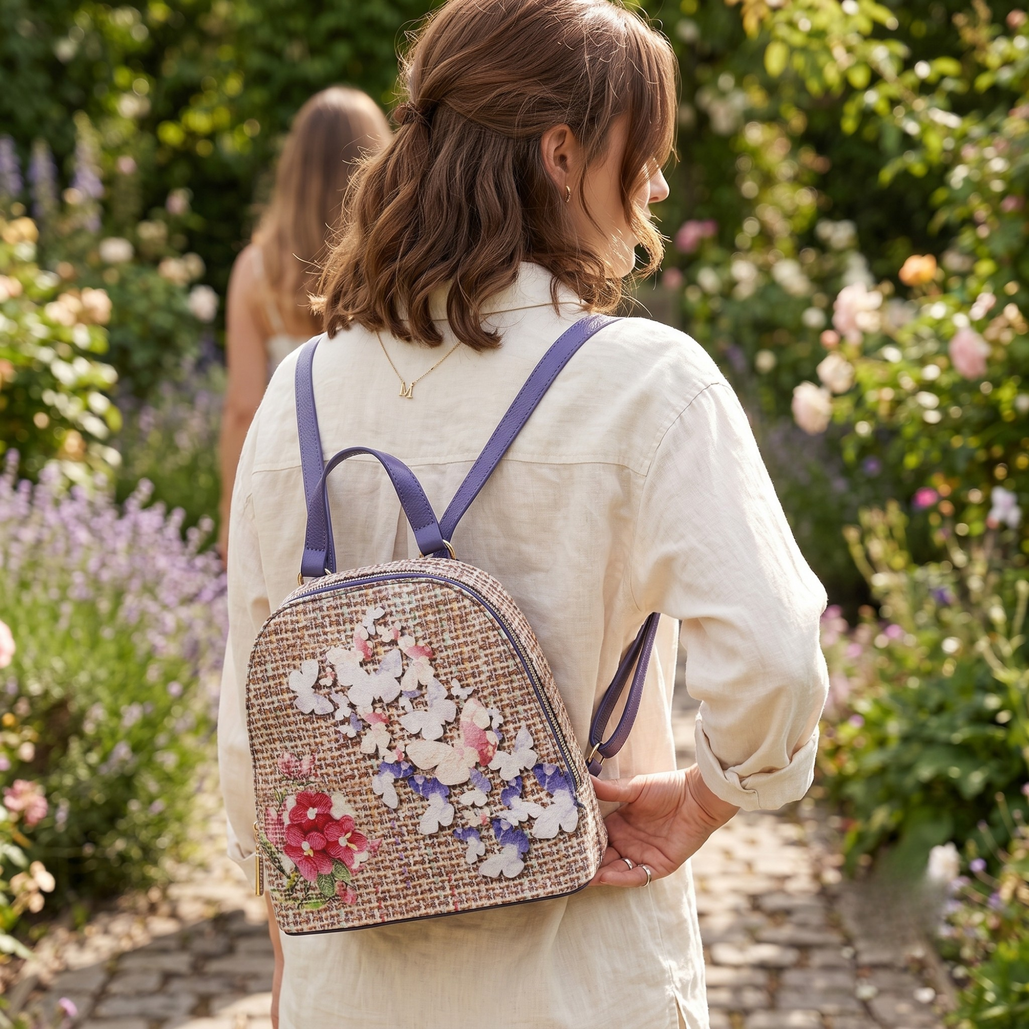 Geanta Dama de mana/umar/rucsac din Piele Ecologica si Material Textil, Imprimeu Flowers