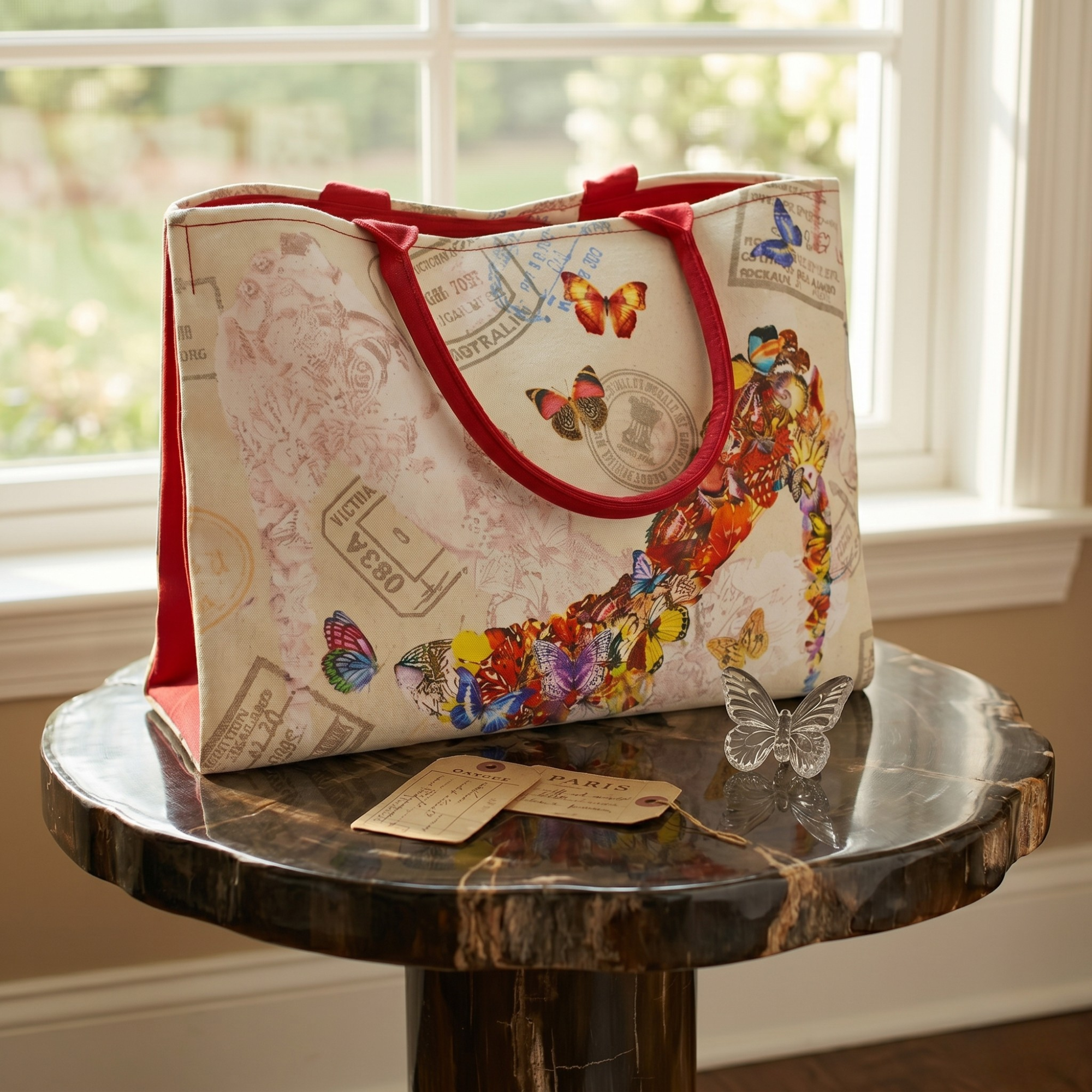 Geanta Dama Shopper de Mana din Material Textil, Model Butterfly