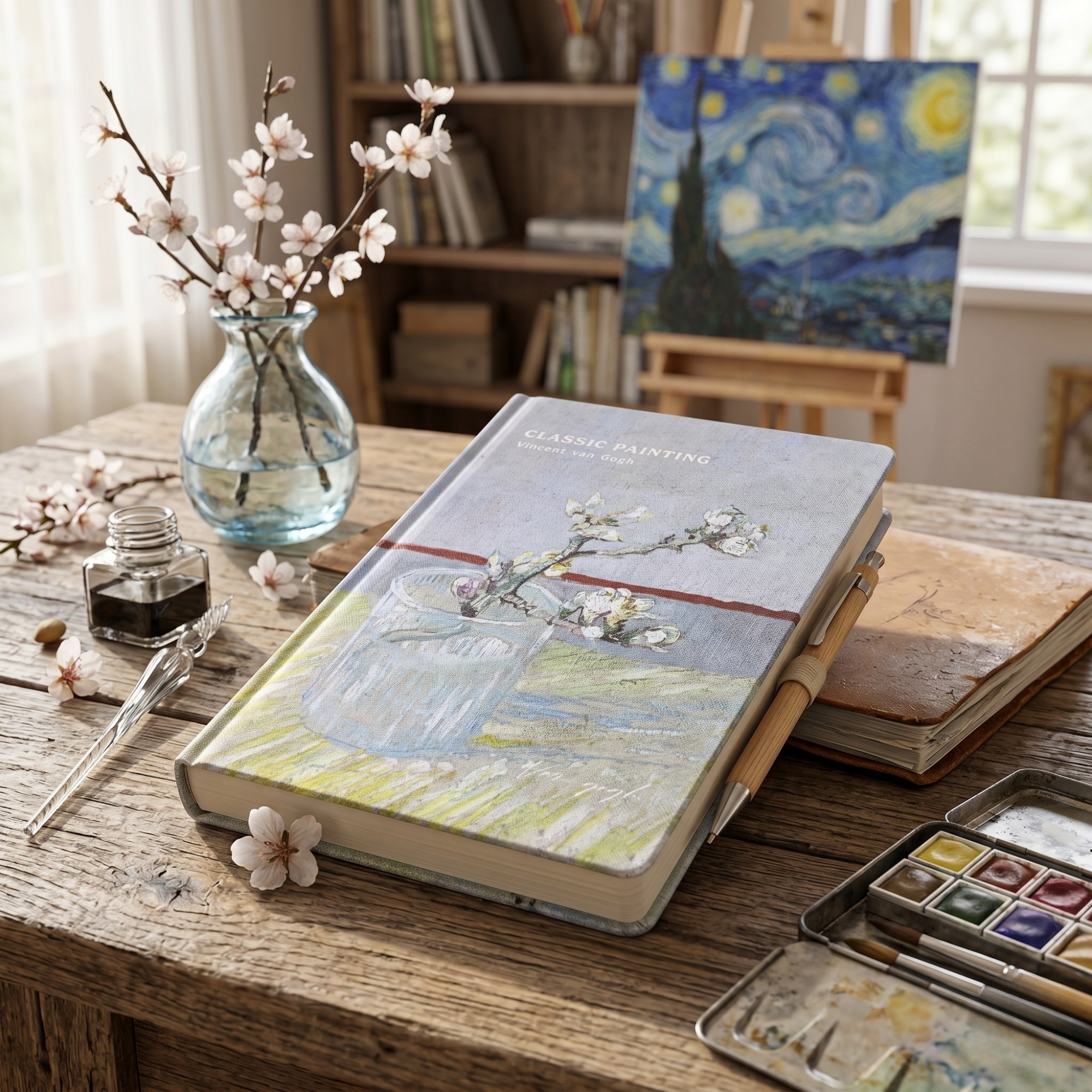 Agenda Van Gogh Mijlocie, format A5, Imprimeu Blossoming Almond Branch in a Glass