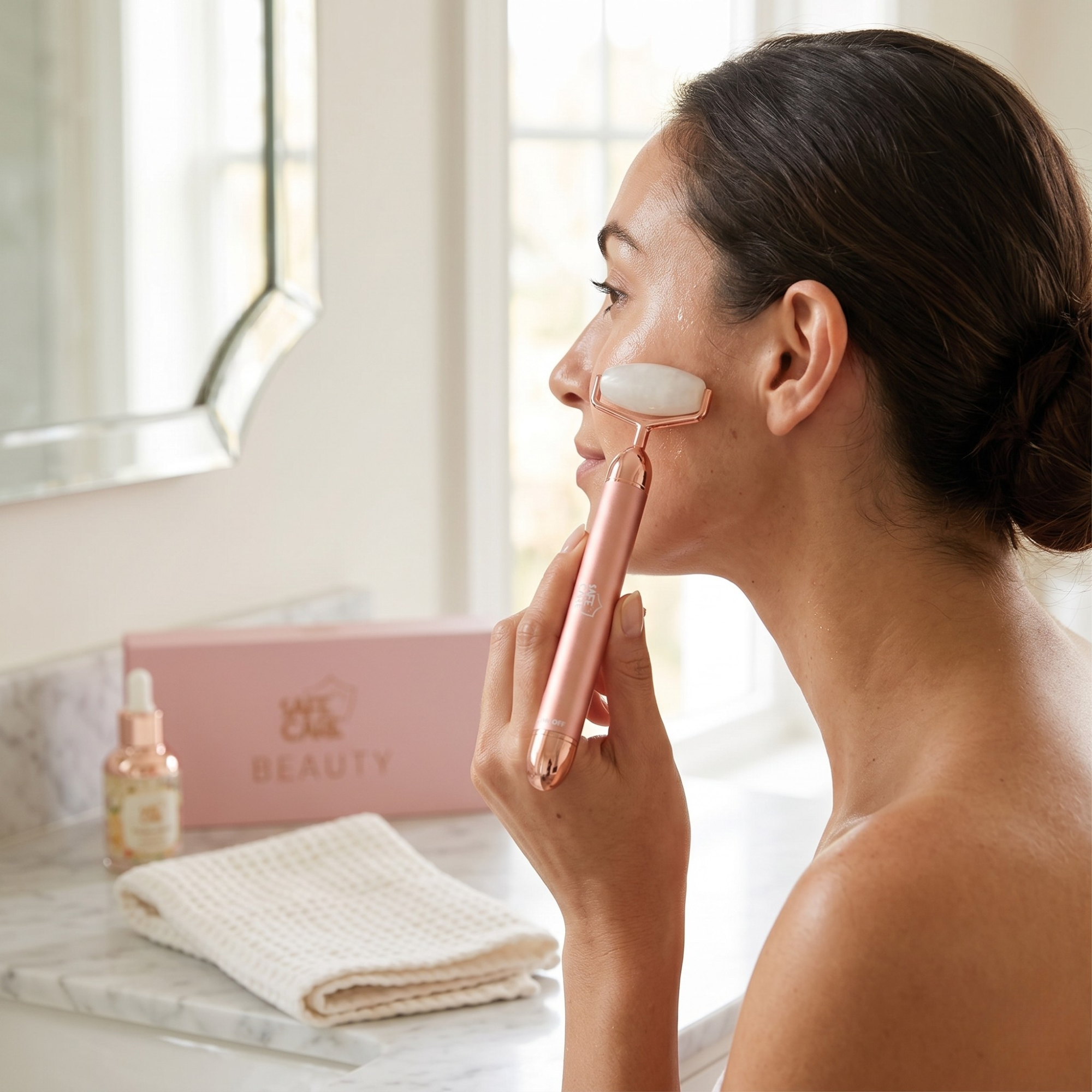Roller Electric pentru Masaj Facial cu Vibratii, din Jad Alb