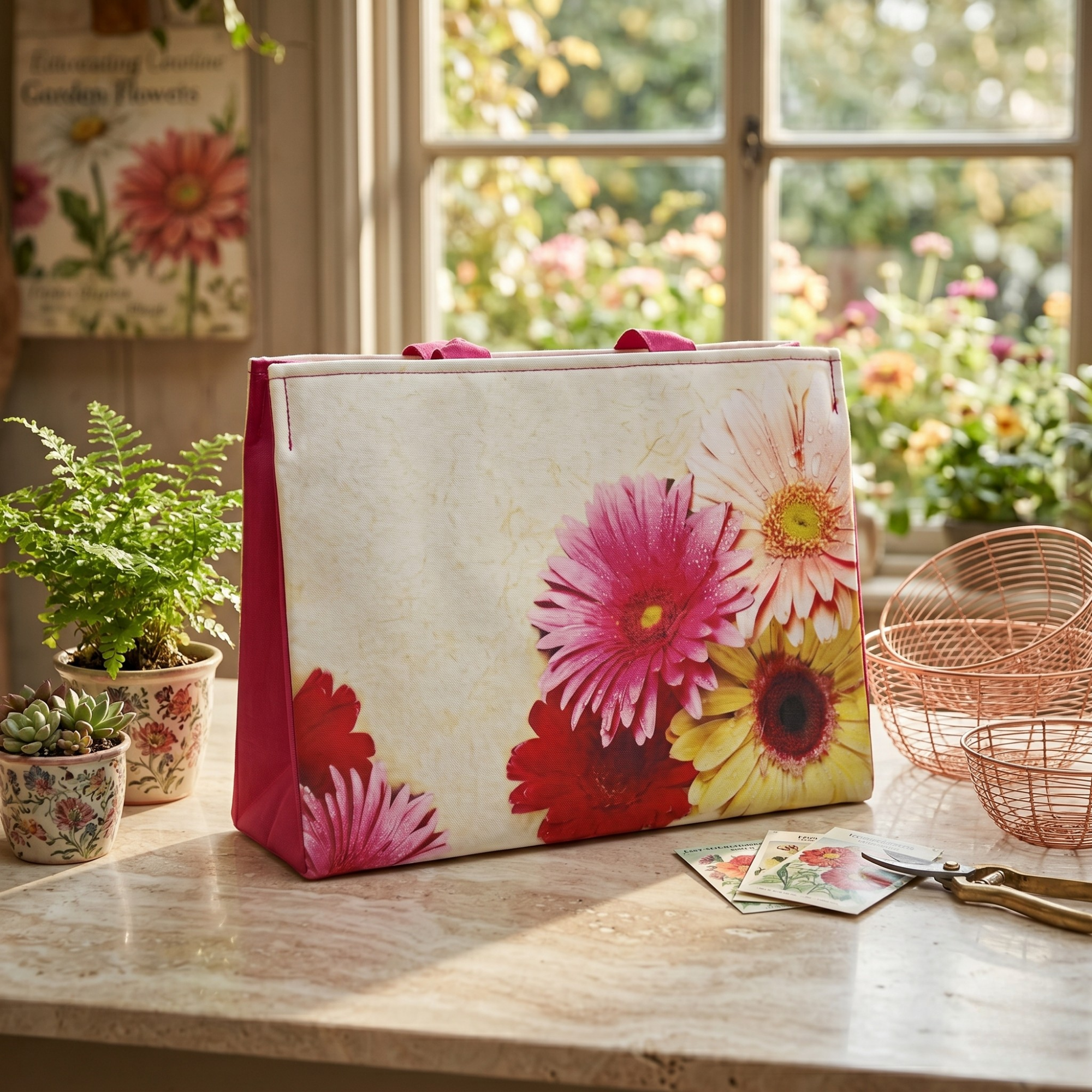 Geanta Dama Shopper de Mana din Material Textil, Model Pink Flower