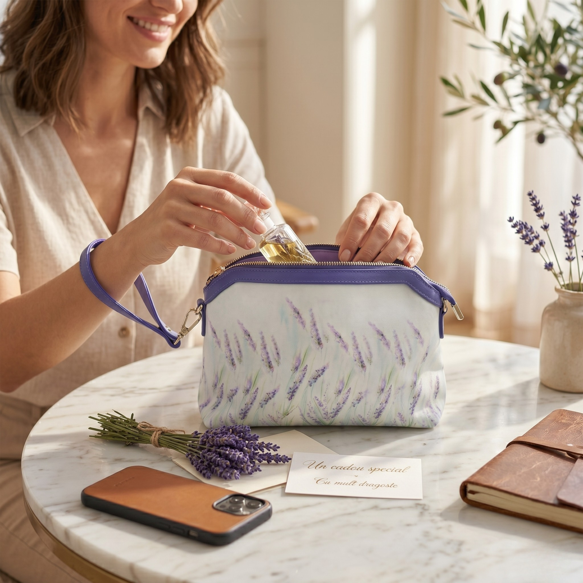Geanta Dama de Umar din Piele Ecologica cu Material Textil, Imprimeu Lavanda