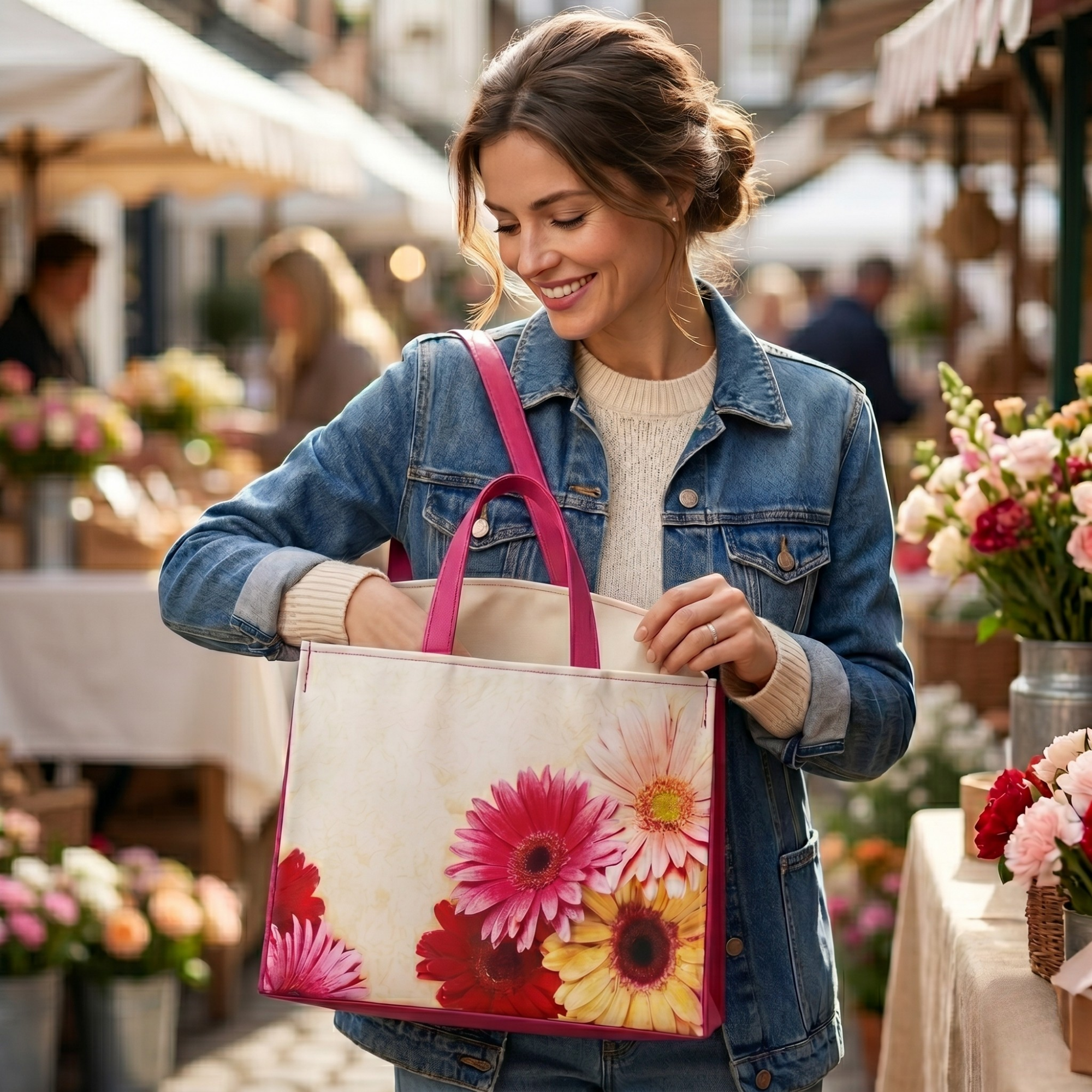 Geanta Dama Shopper de Mana din Material Textil, Model Pink Flower