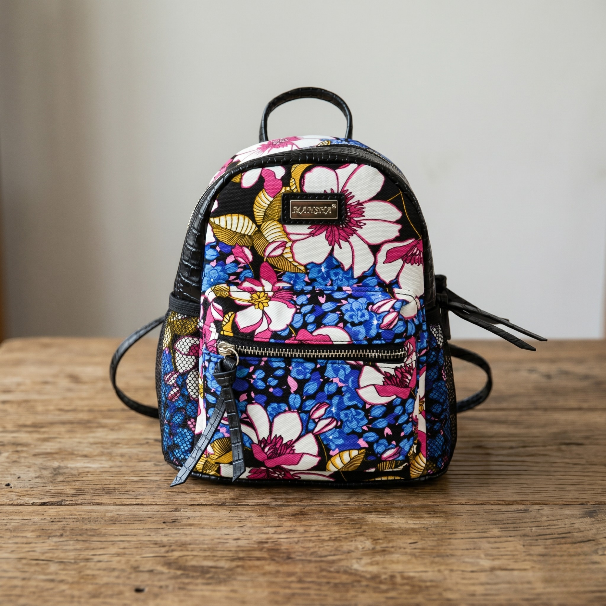 Rucsac de Dama din Material Textil si Piele Ecologica, Print Purple Flowers