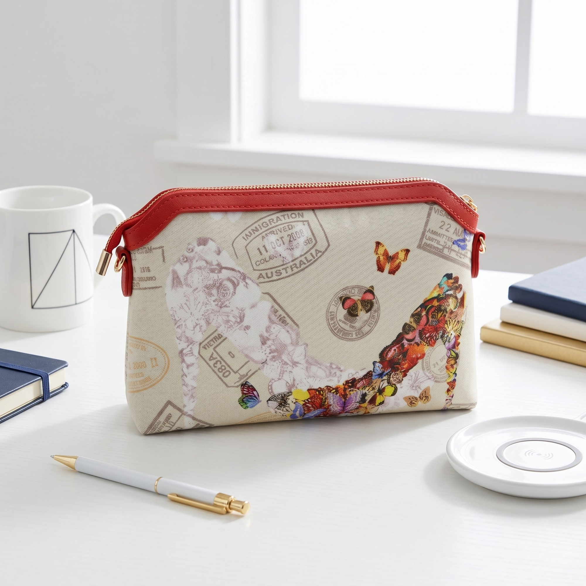 Geanta Dama de Mana din Material Textil si Piele Ecologica, Model Butterfly