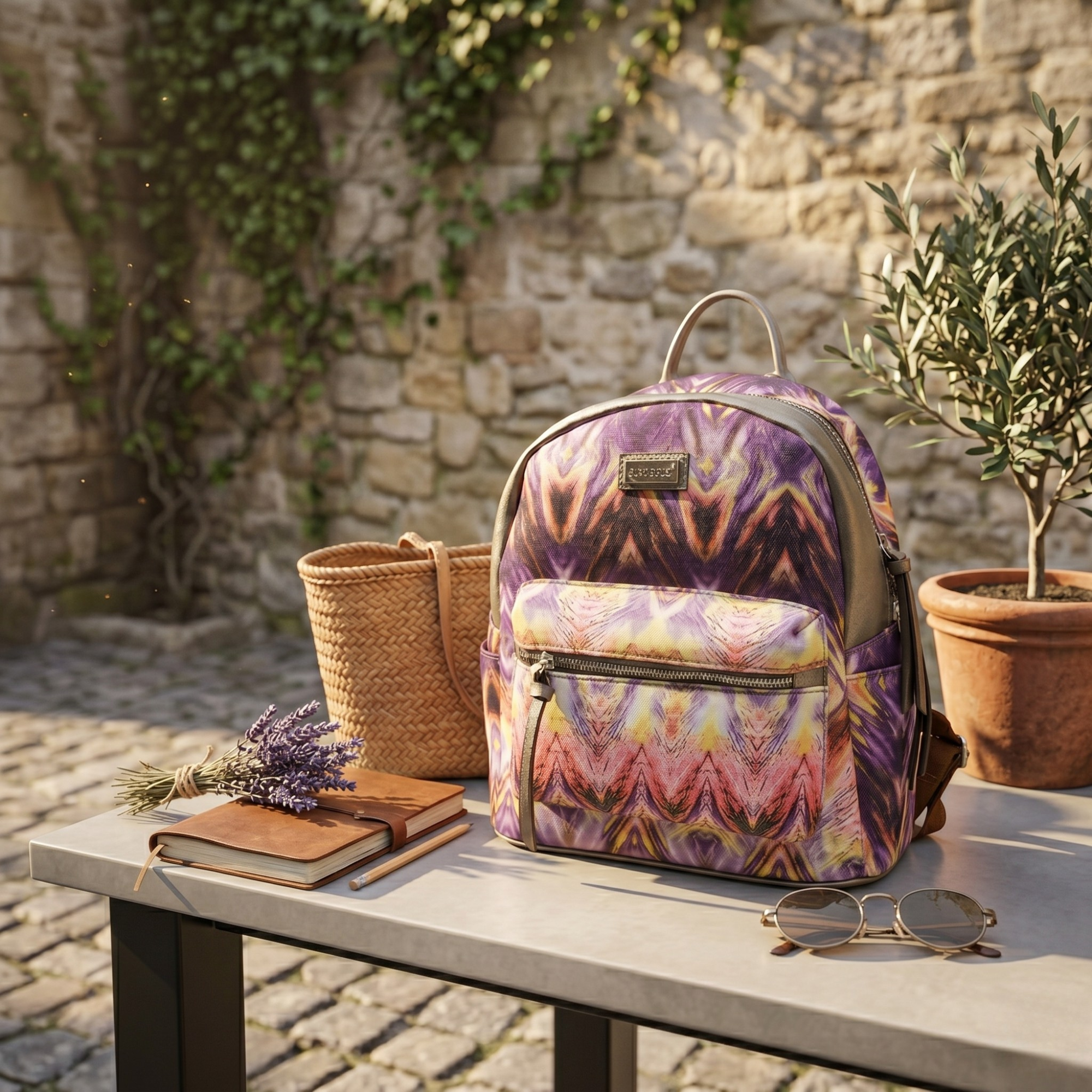 Rucsac Dama din Material Textil si Piele Ecologica, Print Abstract Purple