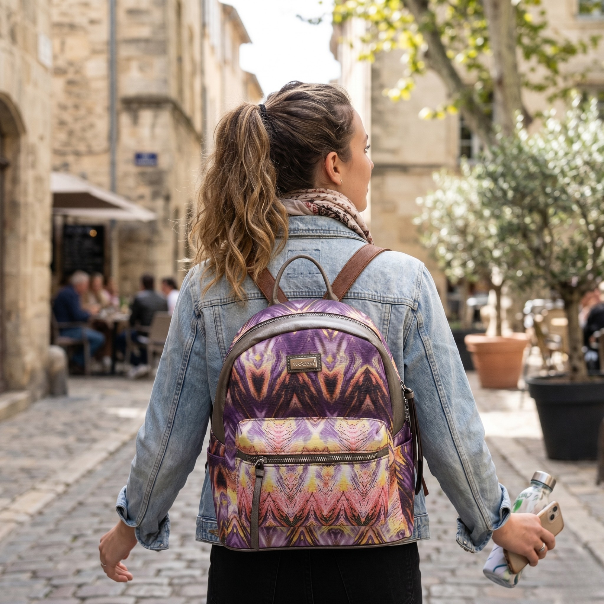 Rucsac Dama din Material Textil si Piele Ecologica, Print Abstract Purple