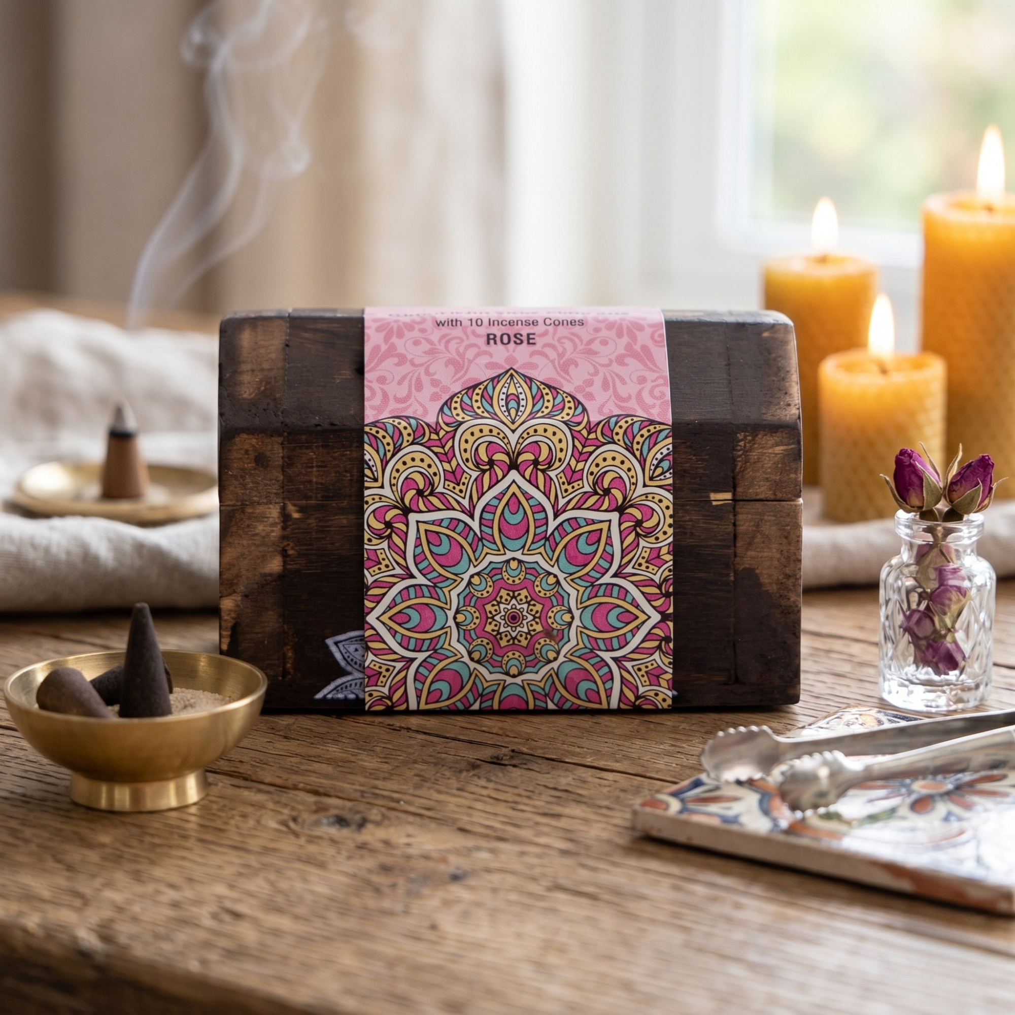 Set Cutie de Lemn cu 10 Conuri Parfumate și Suport, Rose -  Karma Scents