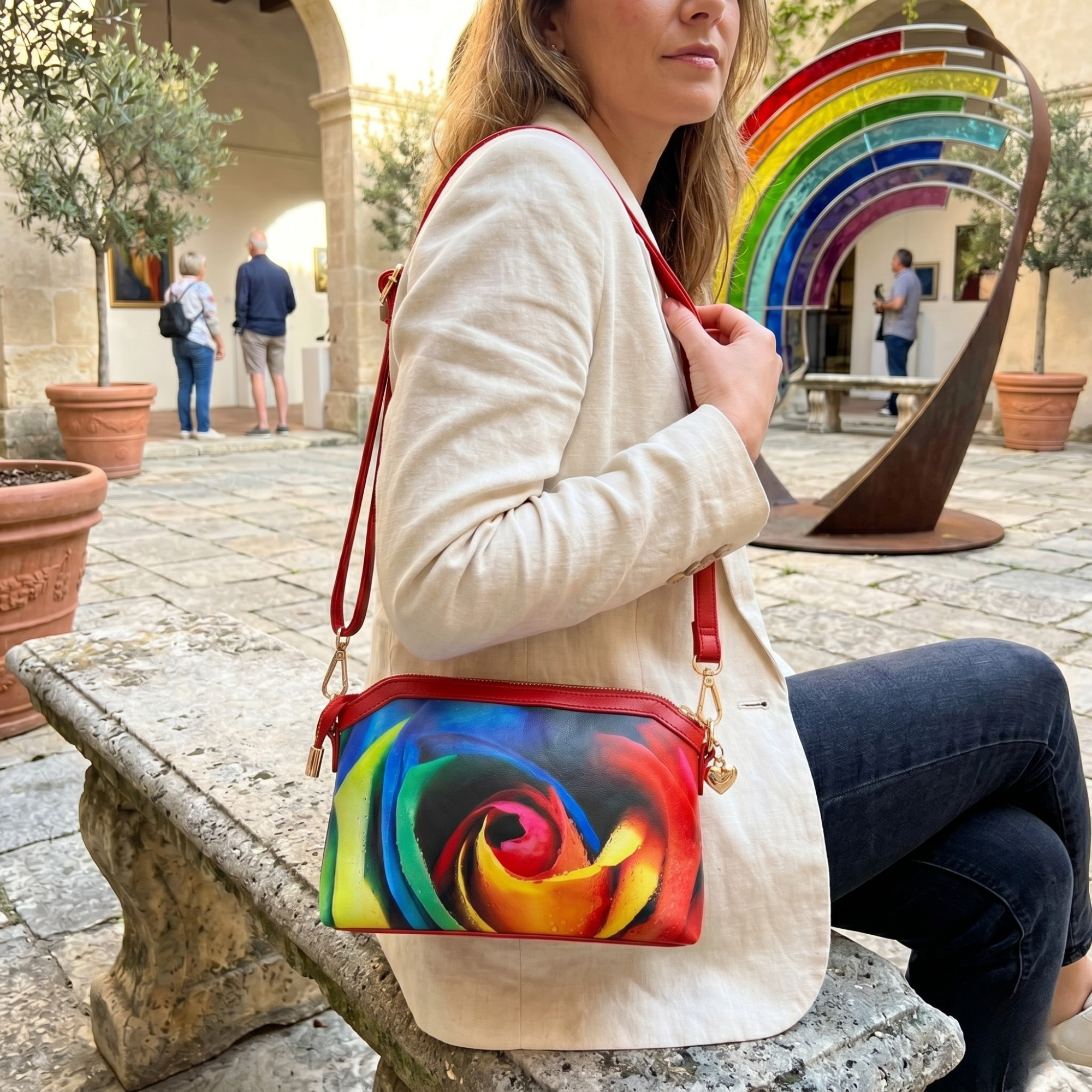Geanta Dama de Mana/Umar din Piele Ecologica cu Material Textil, Model Rainbow Rose