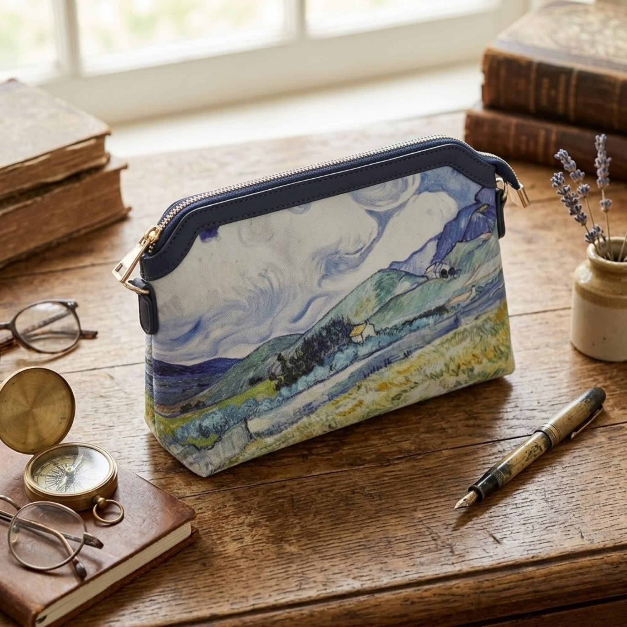 Geanta Dama Mica de Mana/Umar din Material Textil cu Piele Ecologica, Model Van Gogh