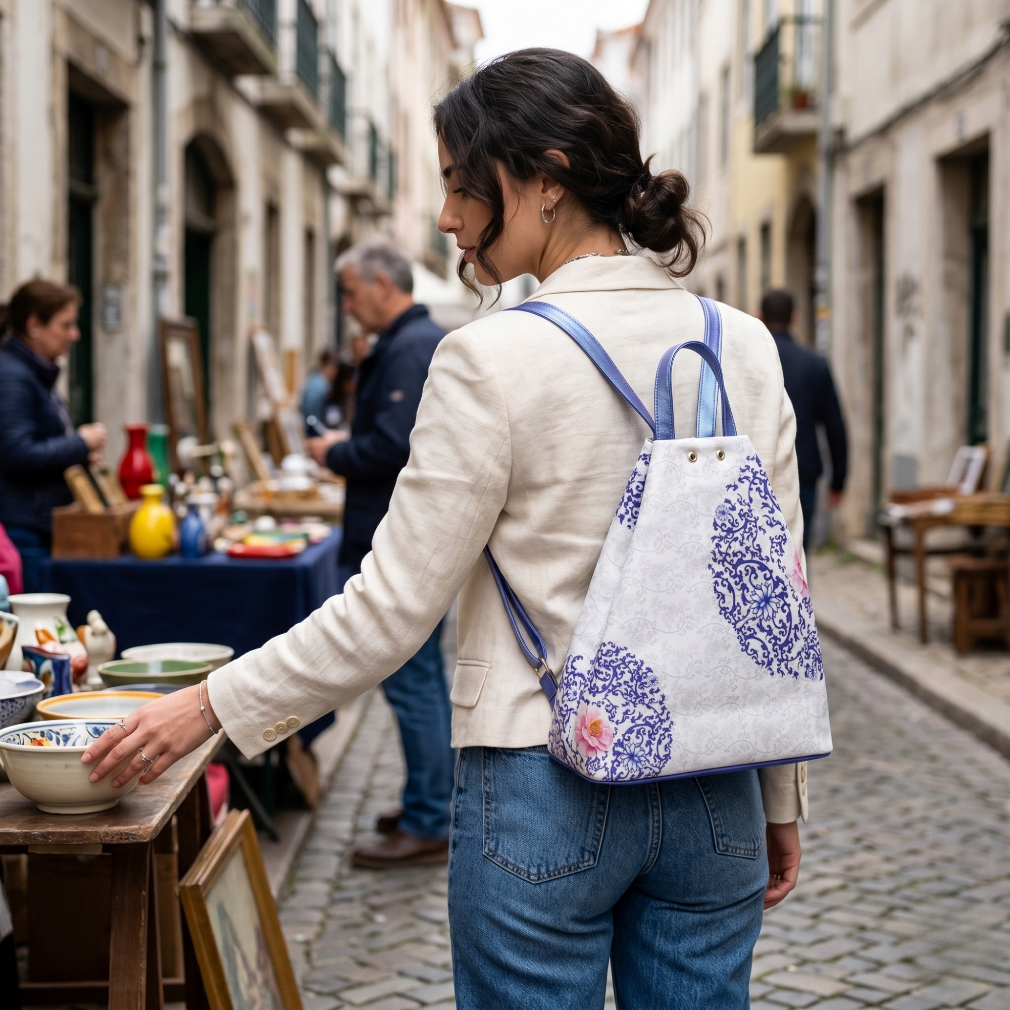 Geanta Dama de Mana/Umar/Rucsac din Piele Ecologica si Material Textil, Model Blue Flower