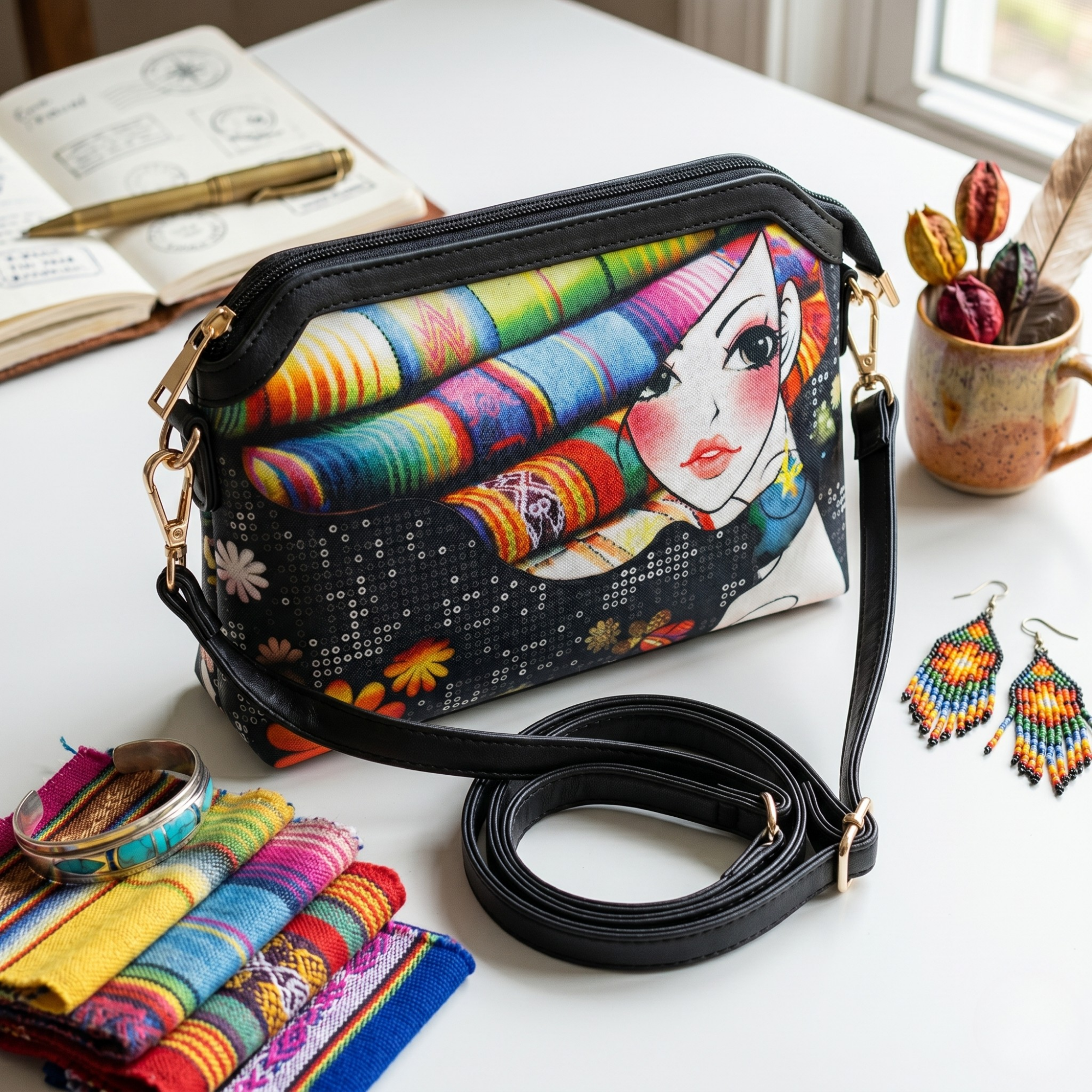 Geanta Dama de Mana/Umar din Piele Ecologica cu Material Textil, Model Fashion Girl