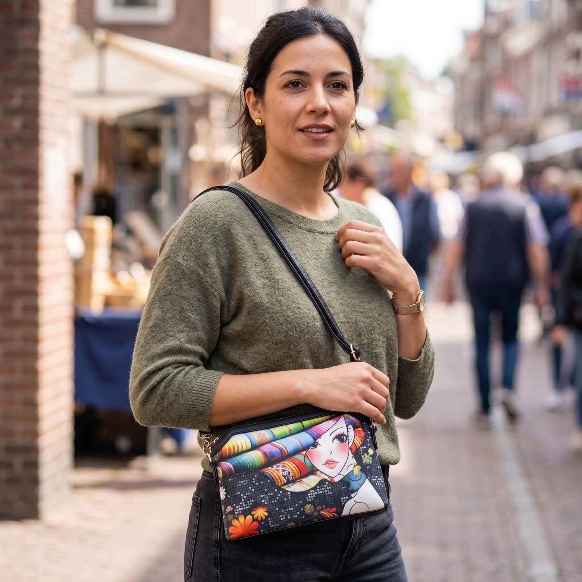 Geanta Dama de Mana/Umar din Piele Ecologica cu Material Textil, Model Fashion Girl