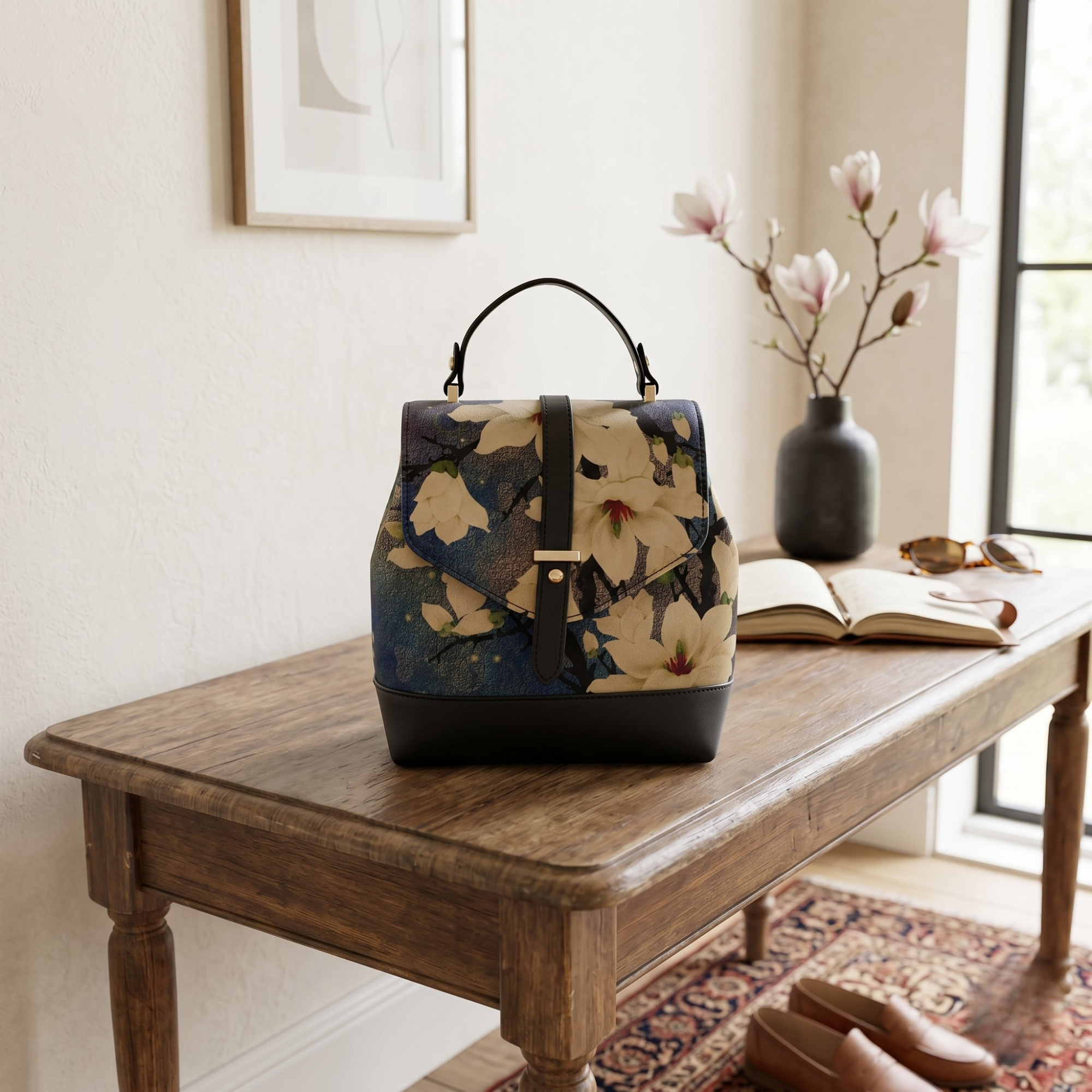 Geanta Dama de Mana/Umar/Rucsac din Piele Ecologica si Matase Naturala 100%, model Yellow Flower
