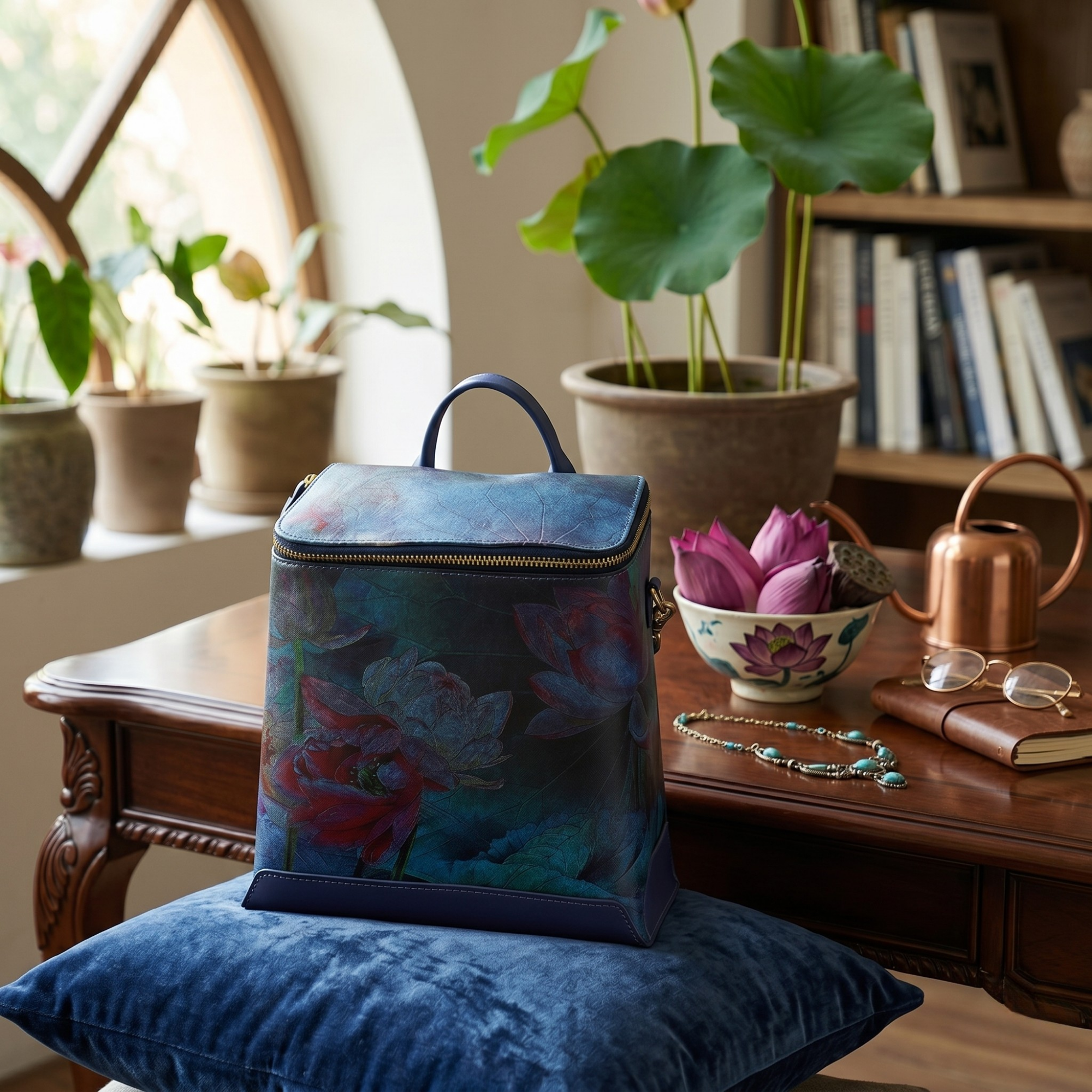 Geanta Dama de Mana/Umar/Rucsac din Piele Ecologica si Matase Naturala, model Lotus Albastra