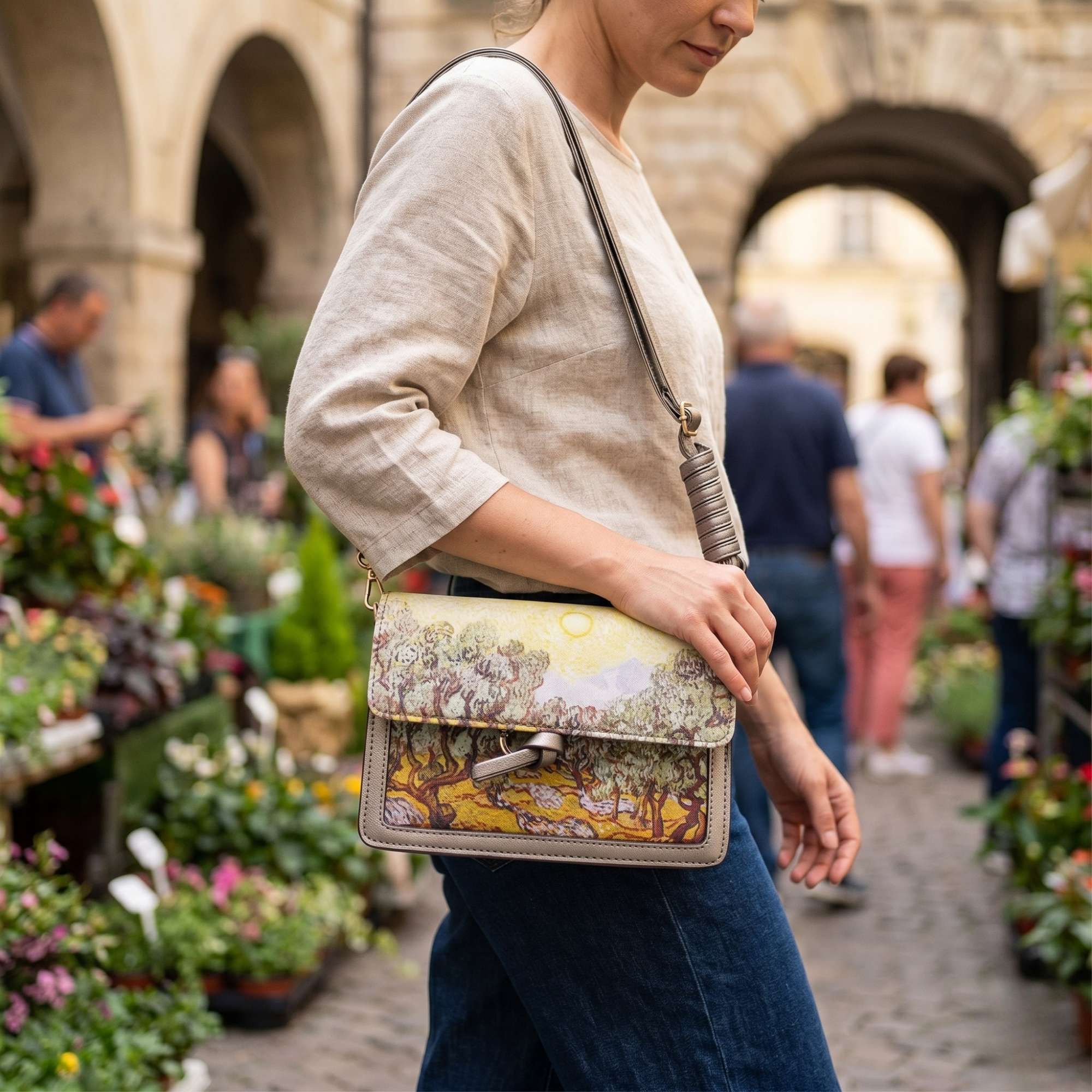 Geanta Dama tip plic de umar, din piele ecologica si material textil, model pictat Van Gogh, Crem