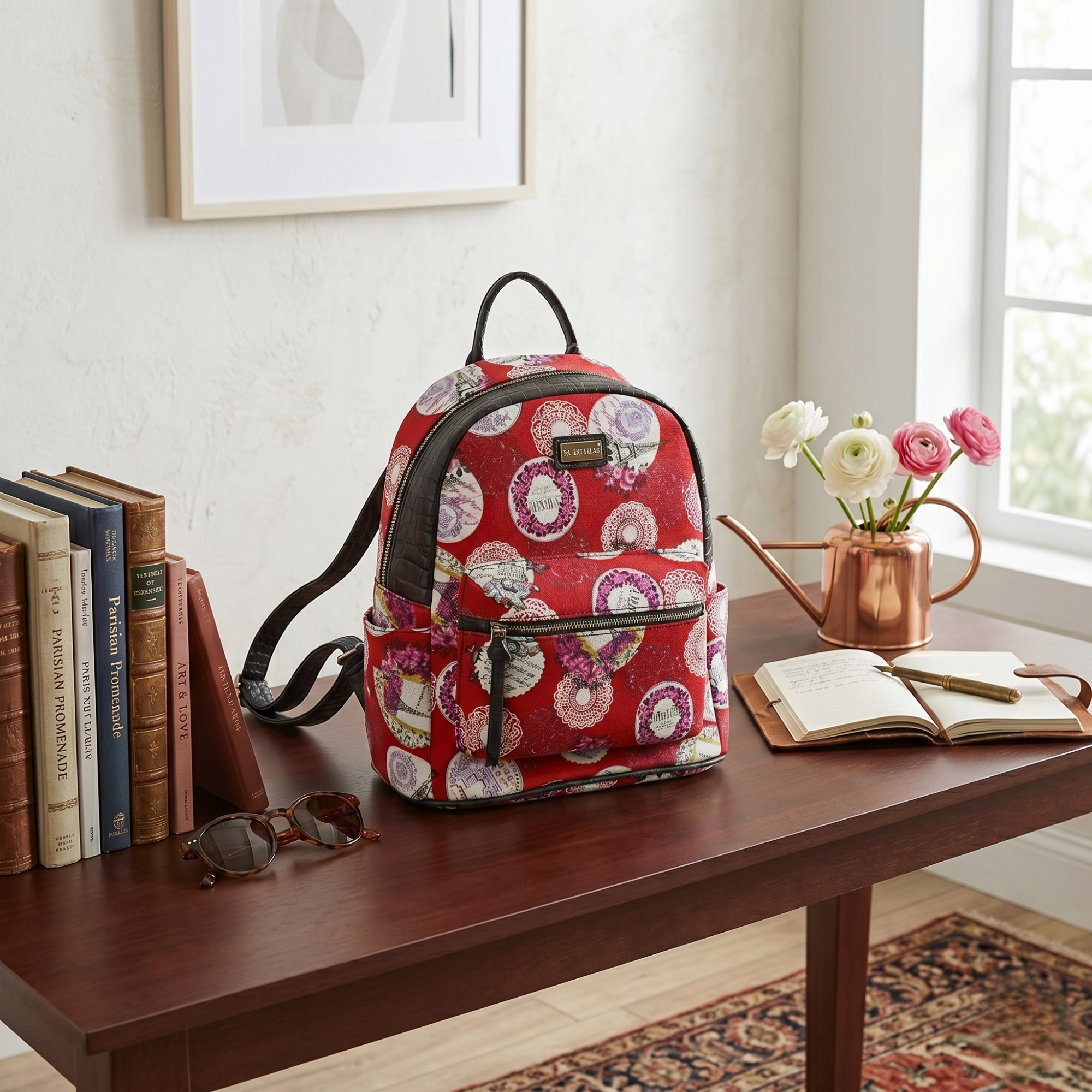 Rucsac Dama din Material Textil si Piele Ecologica, Imprimeu Red Pattern