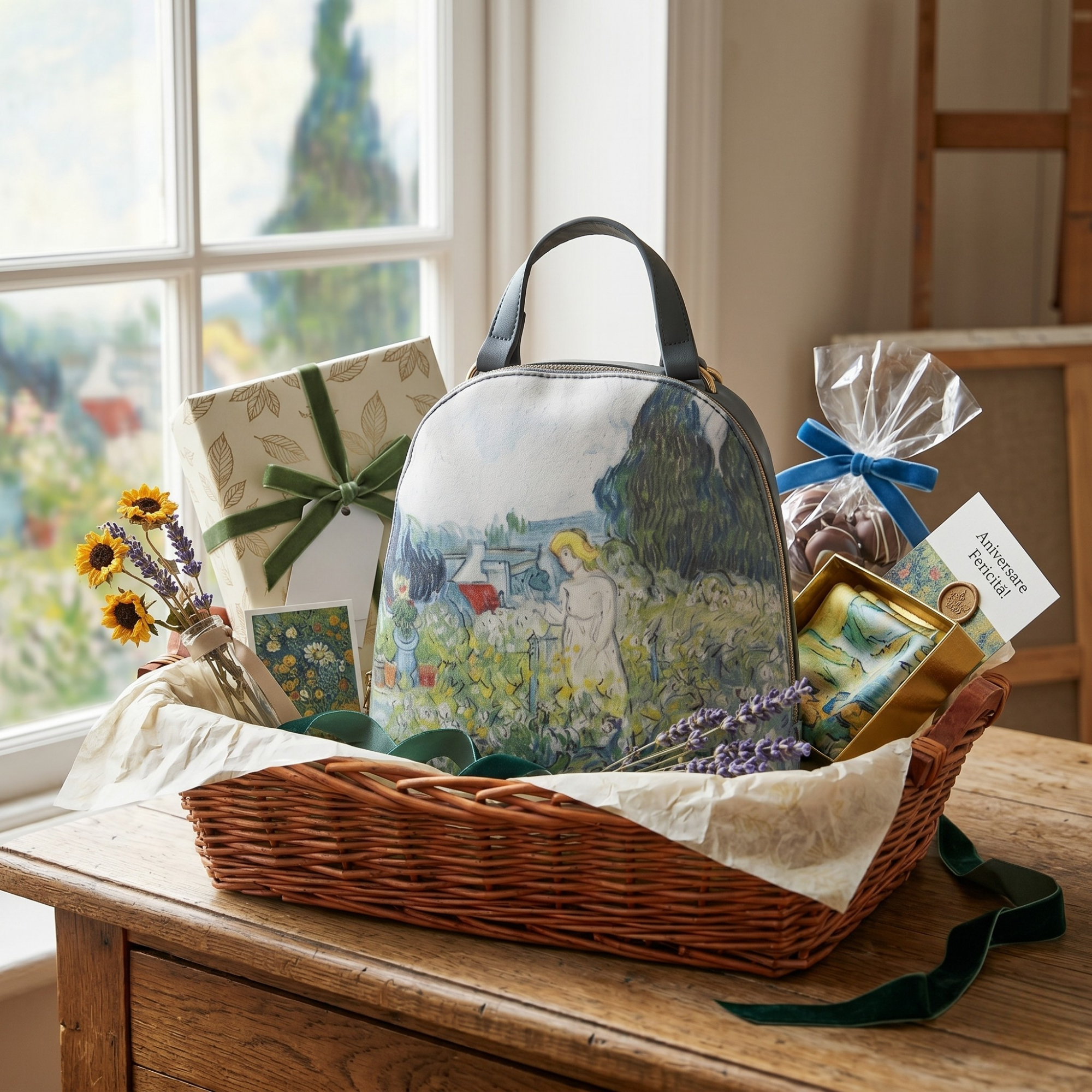 Geanta Dama de Mana/Umar/Rucsac din Piele Ecologica cu Material Textil, Model Van Gogh