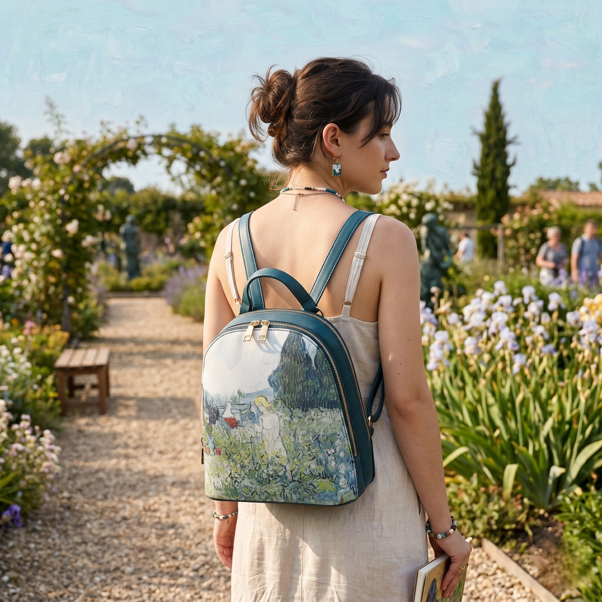 Geanta Dama de Mana/Umar/Rucsac din Piele Ecologica cu Material Textil, Model Van Gogh