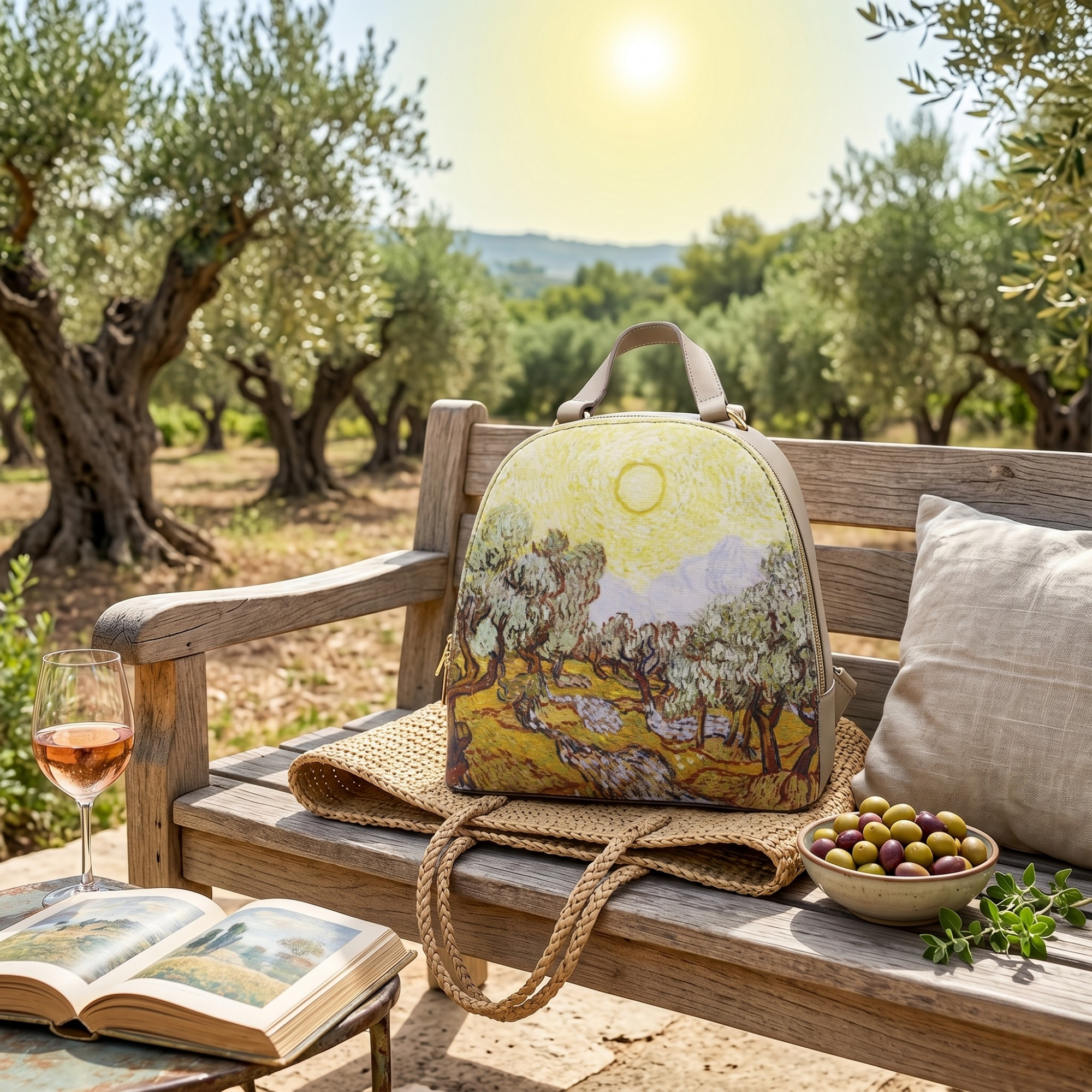 Geanta Dama de Mana/Umar/Rucsac din Piele Ecologica cu Material Textil, Model Van Gogh