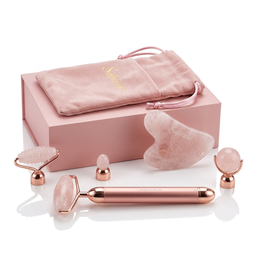 Set cu Dispozitiv Electric cu Vibratii pentru Masaj Facial si Accesorii din Cuart Roz