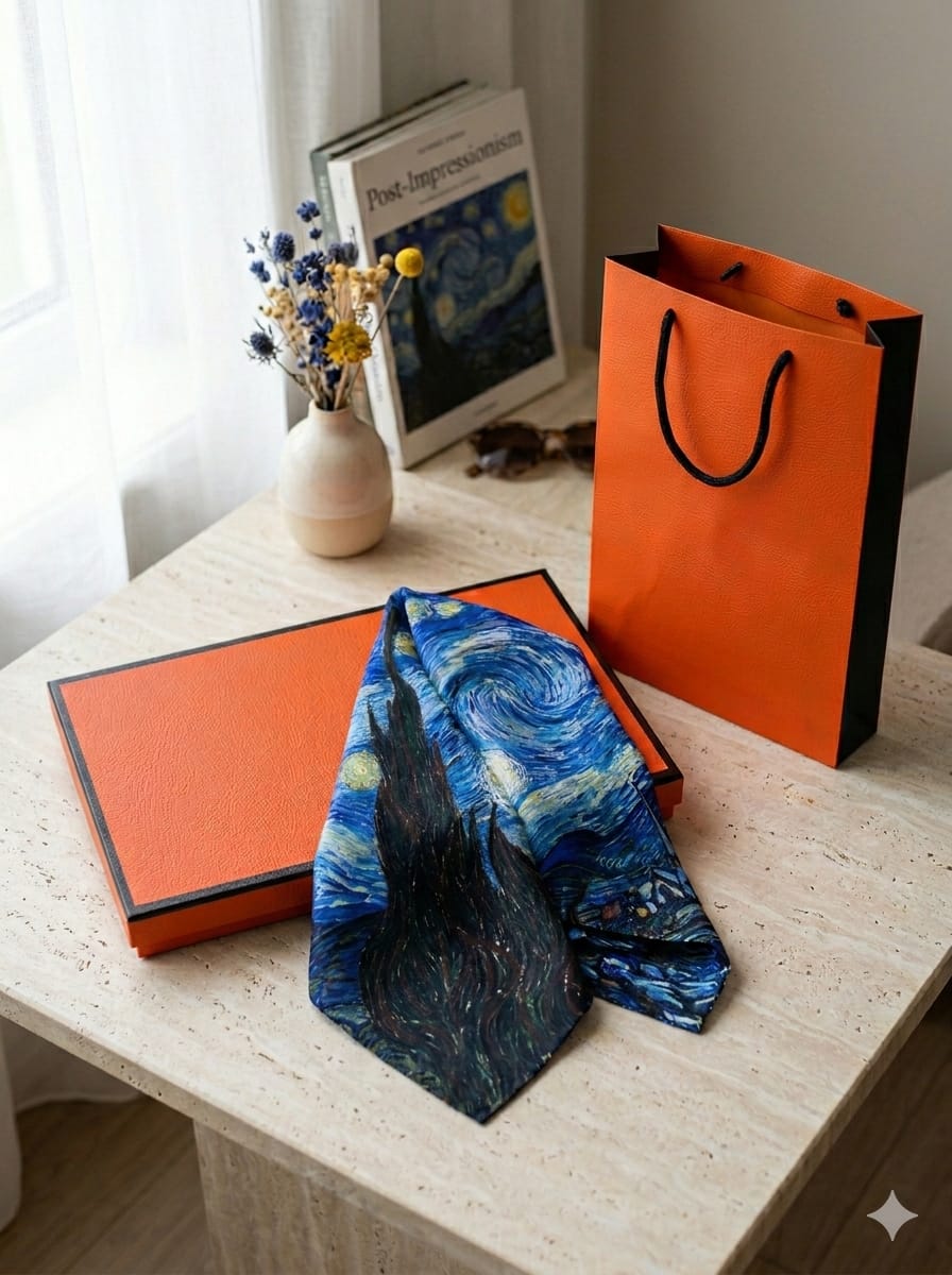 Esarfa Van Gogh „Starry Night” 180x70 cm, Silk Touch, Design Artistic Elegant