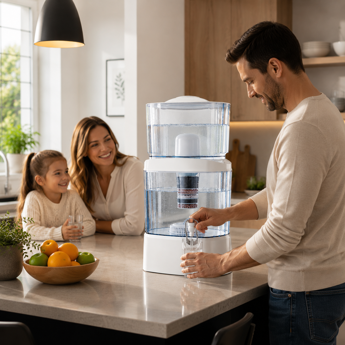 Familie folosind apa filtrata din purificatorul gravitational