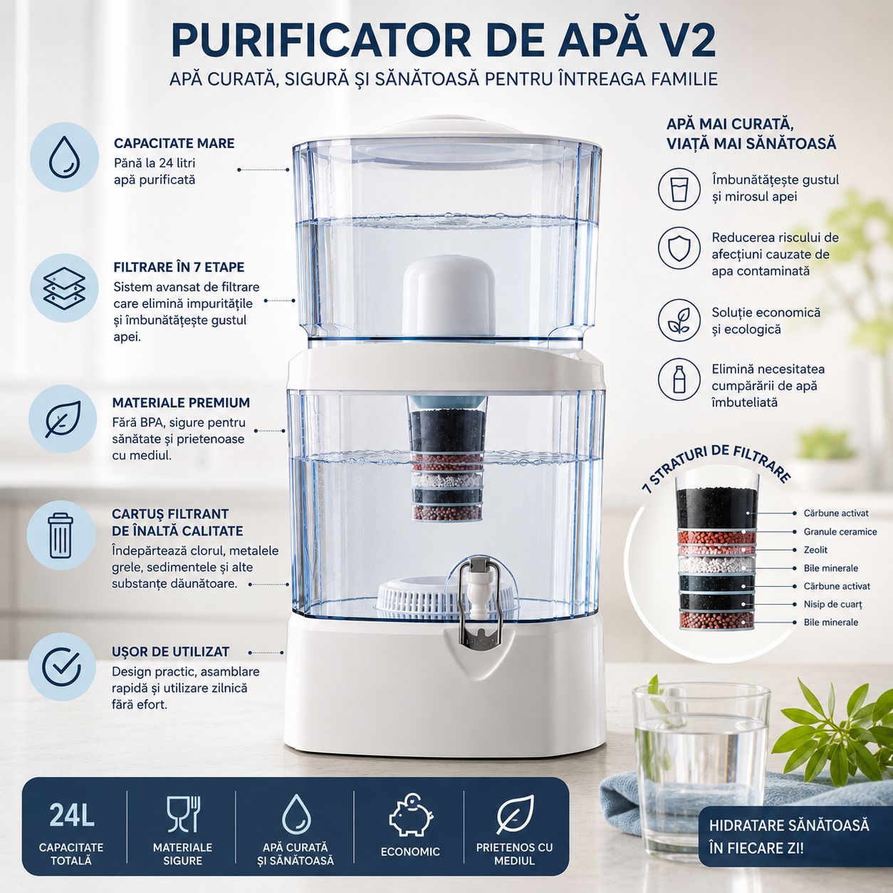 Purificator de Apa, cu Filtru multistrat, Capacitate 24 litri