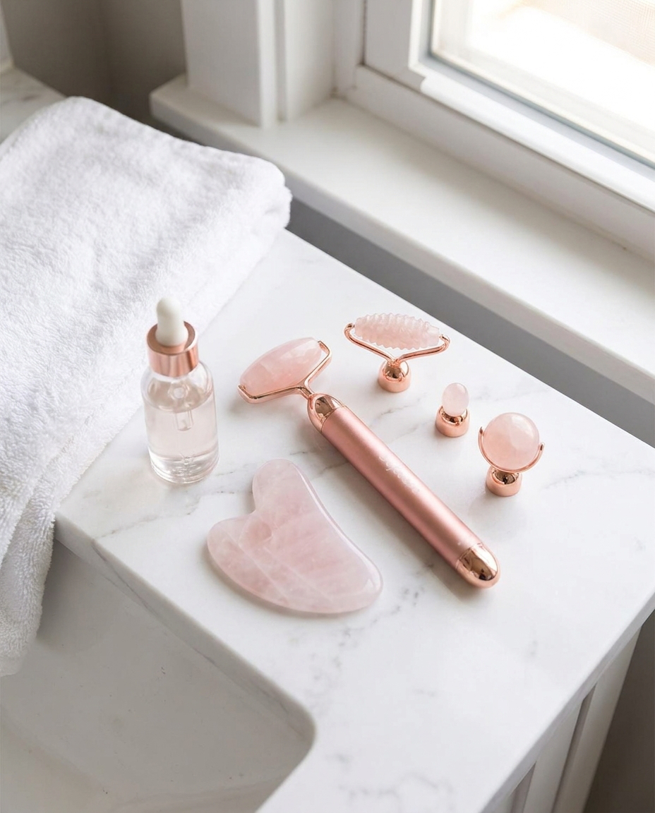 Set masaj facial cu vibratii si accesorii din cuart roz, flat-lay lifestyle in baie