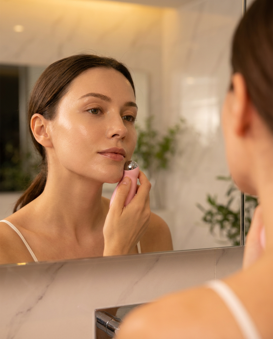 Aparat cu microcurenti pentru tonifiere faciala, lifestyle in fata oglinzii