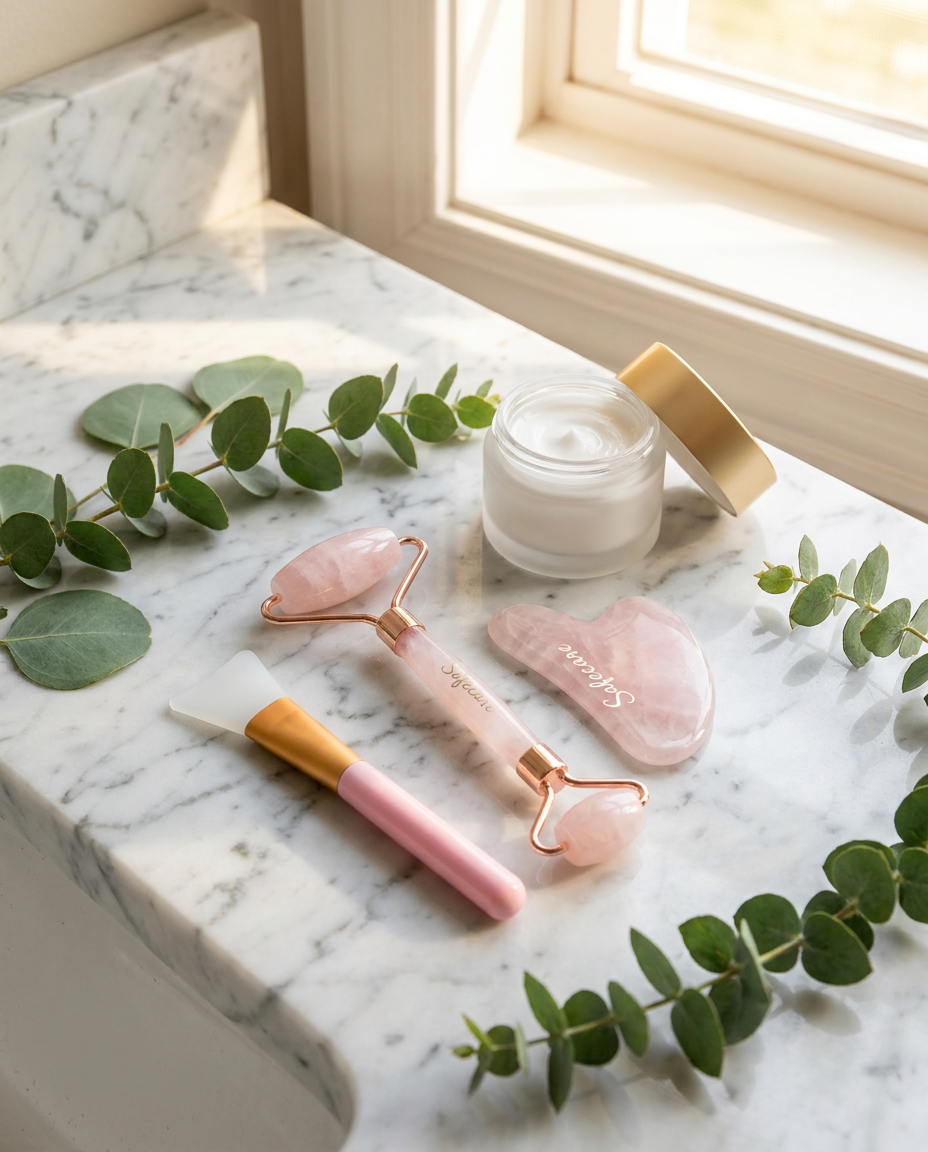 Set roller, gua sha si pensula din cuart roz, lifestyle ritual de ingrijire