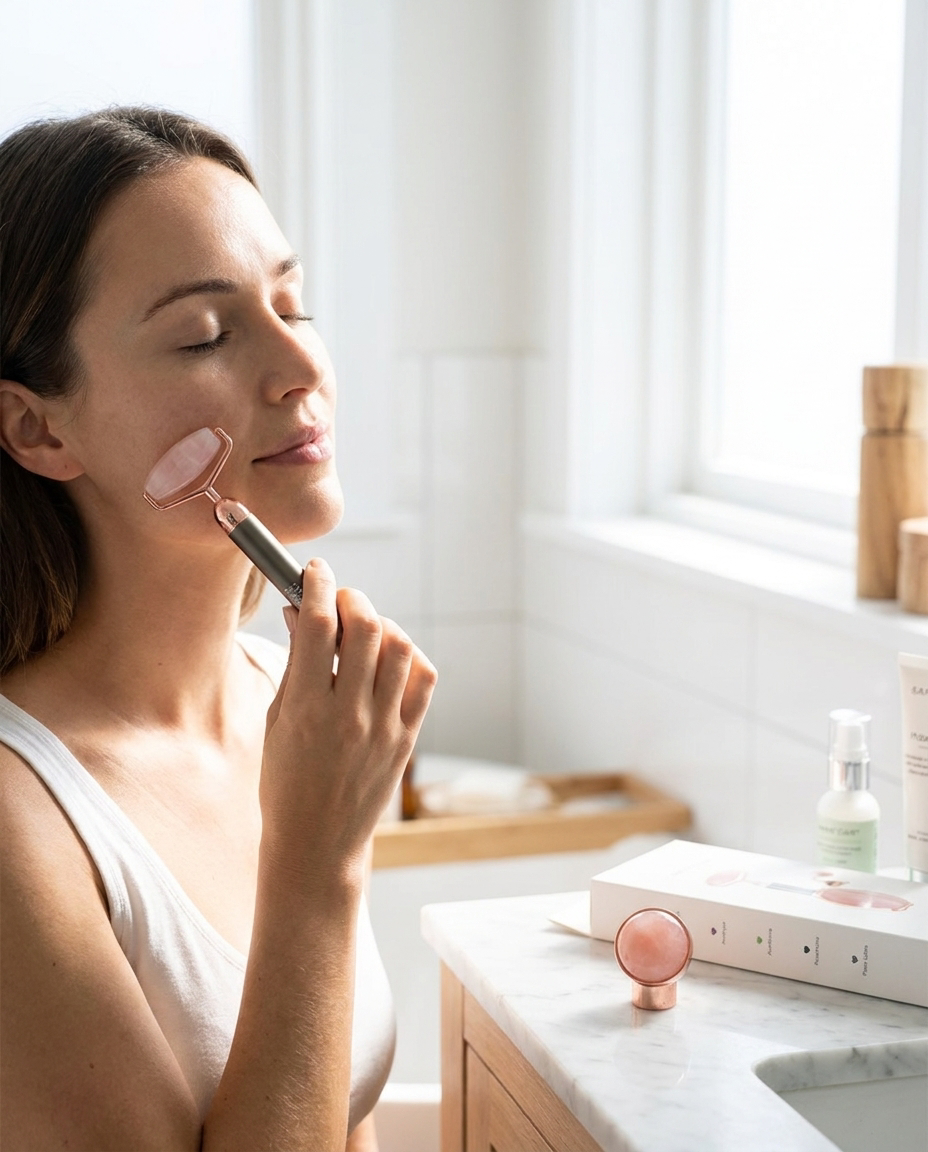 Dispozitiv de masaj facial cu vibratii si cuart roz, lifestyle rutina de dimineata