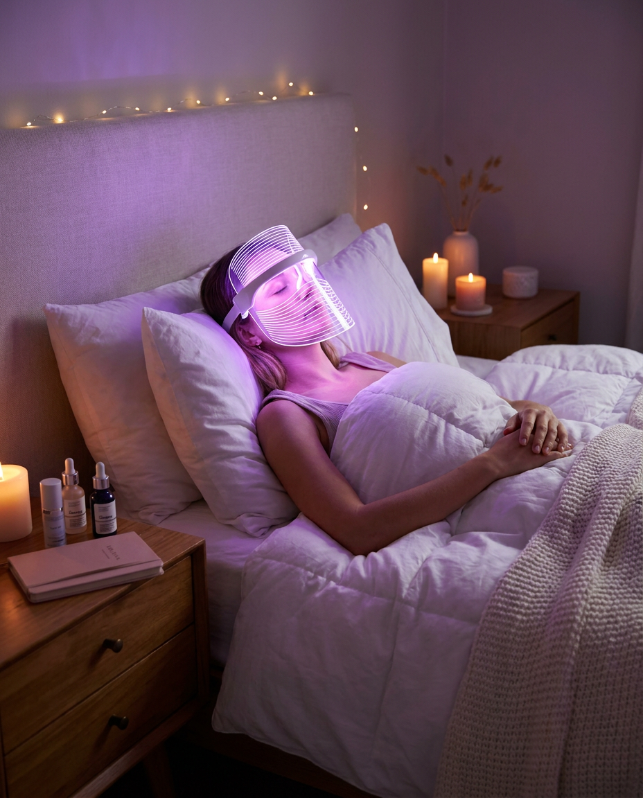 Masca LED faciala cu 7 lumini fotonice, lifestyle rutina de seara